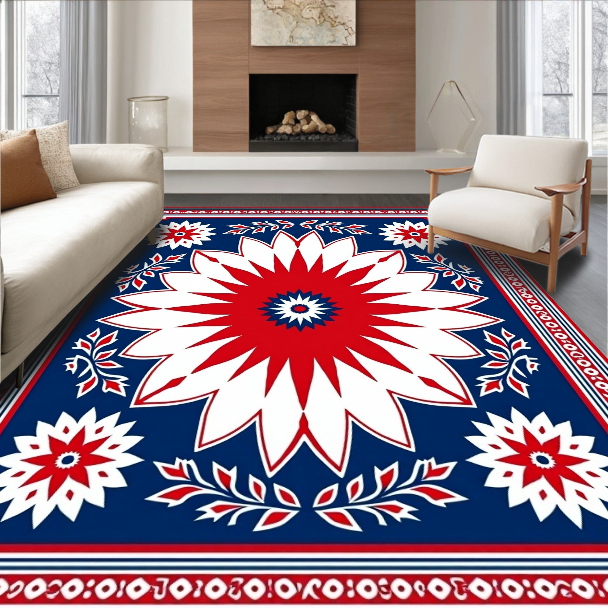 Bold Red White Starburst Medallion Rug