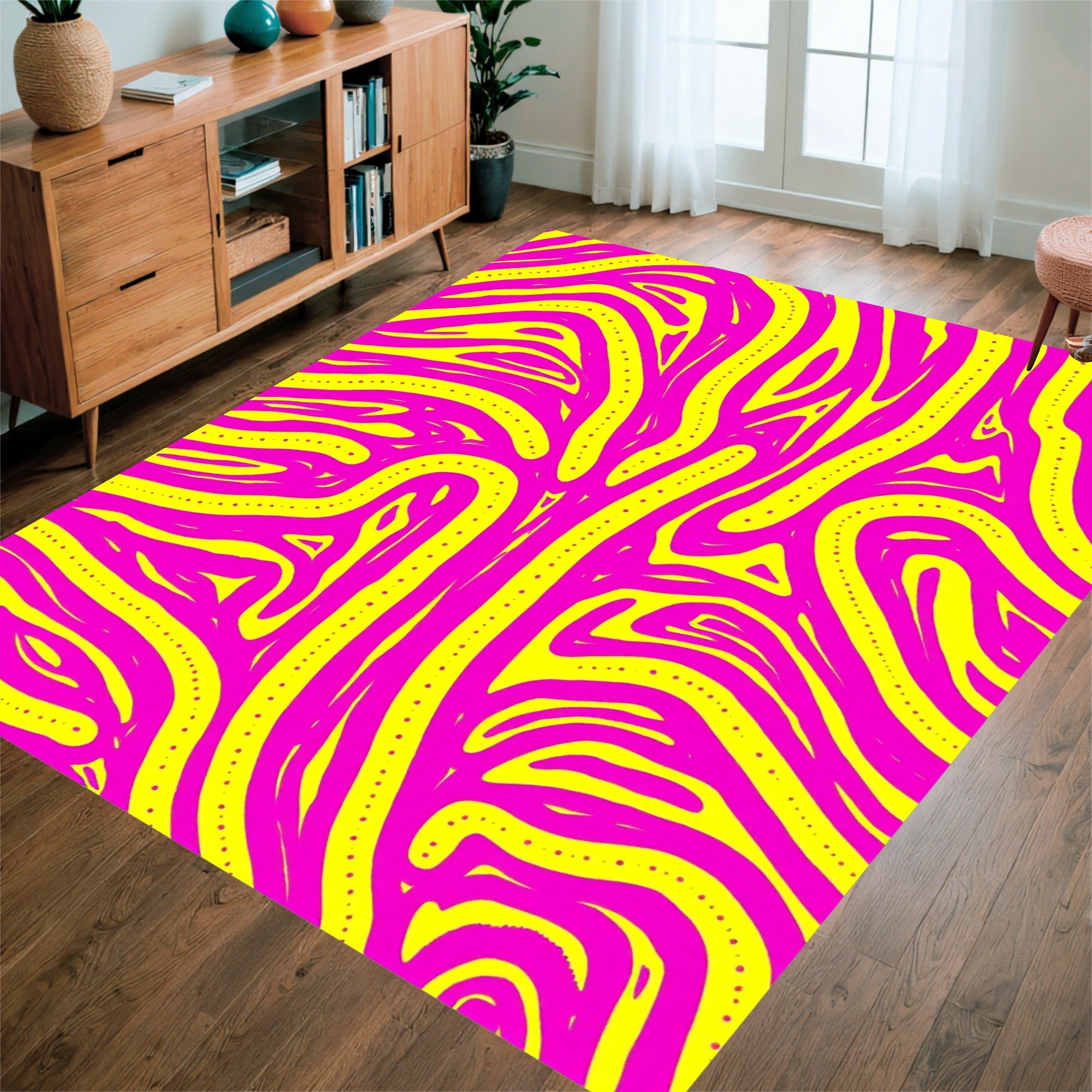 Vivid Pink Yellow Organic Stripe Design Rug