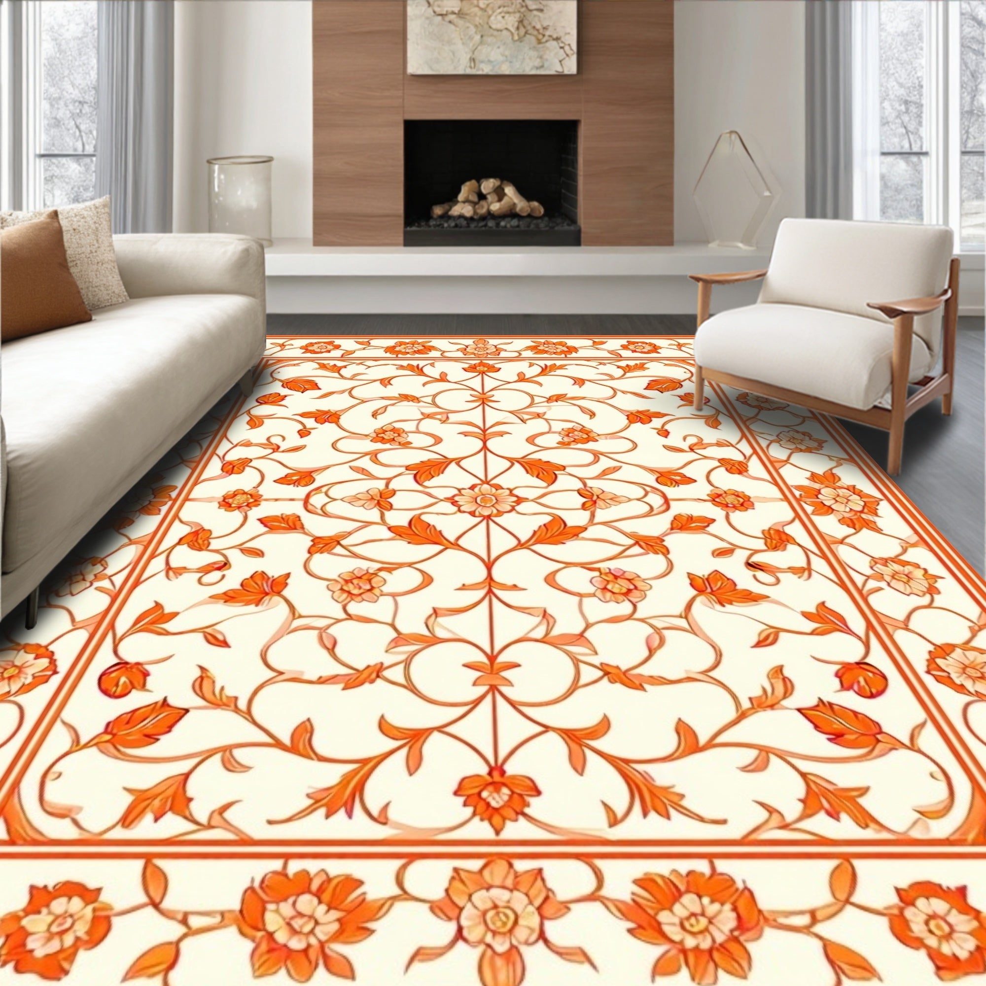 Orange Floral Vine Traditional Pattern Rug
