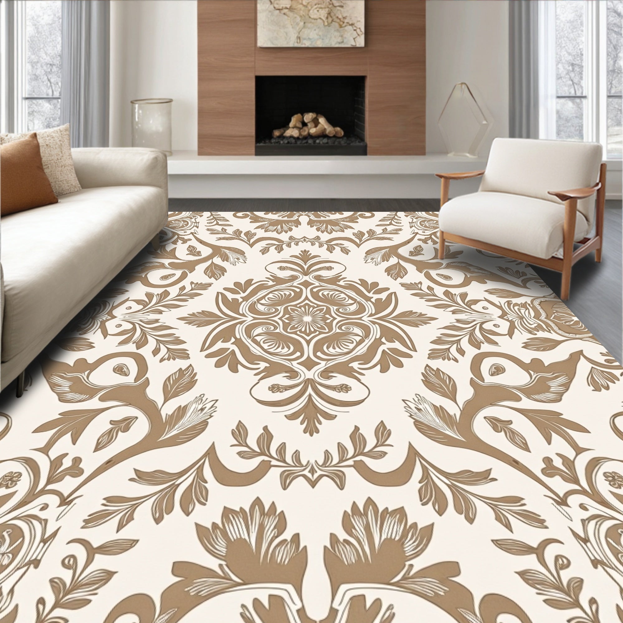 Elegant Brown Floral Damask Pattern Rug