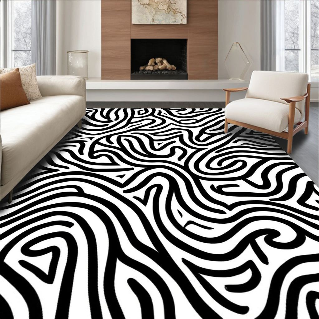 Bold Abstract Black White Lines Rug