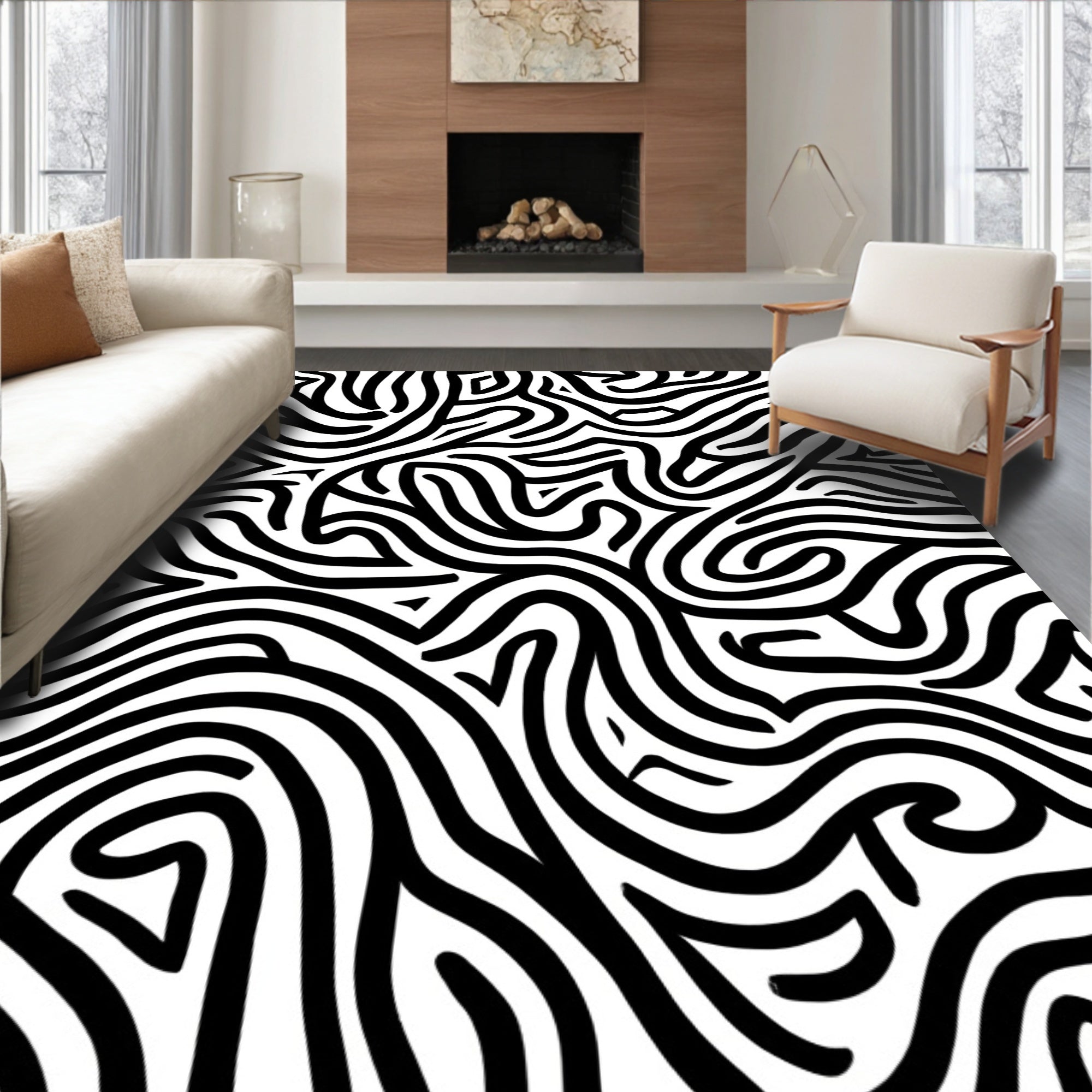 Bold Abstract Black White Lines Rug