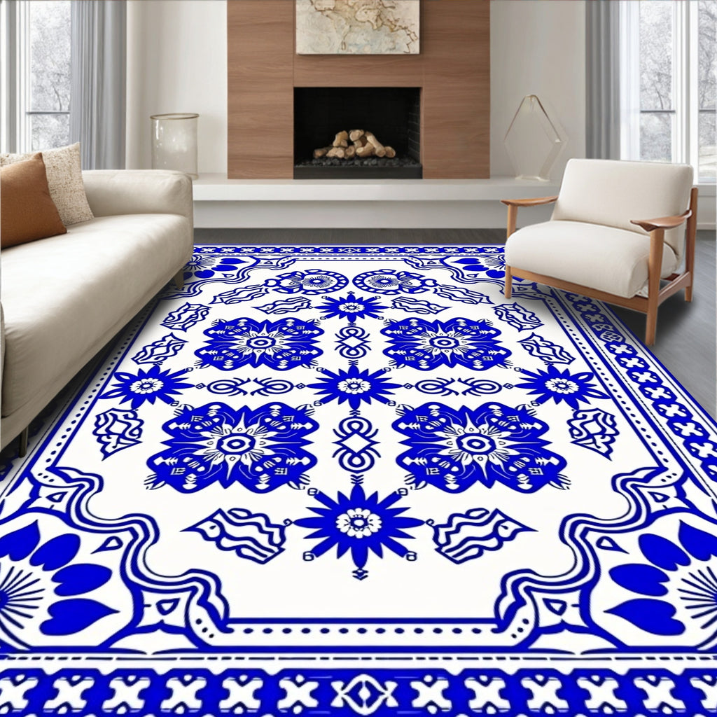 Bold Blue Floral Symmetry Layout Rug