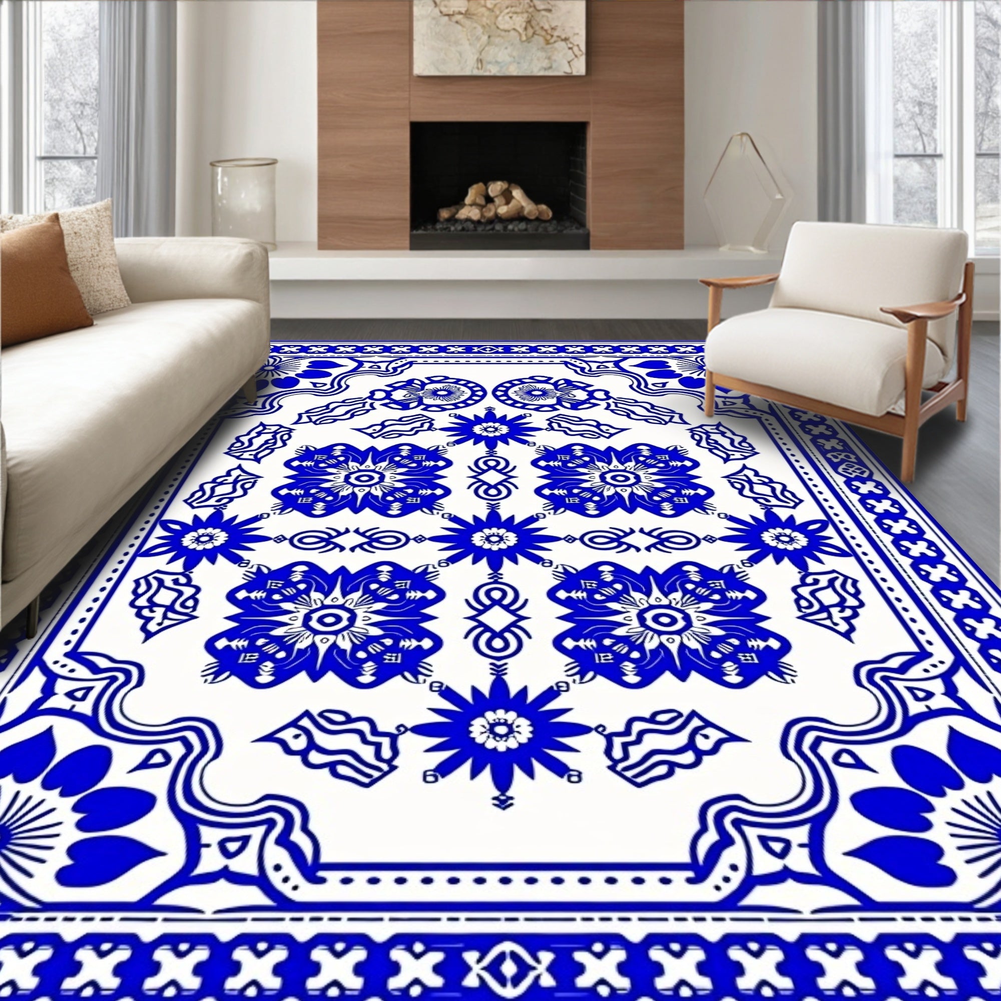 Bold Blue Floral Symmetry Layout Rug