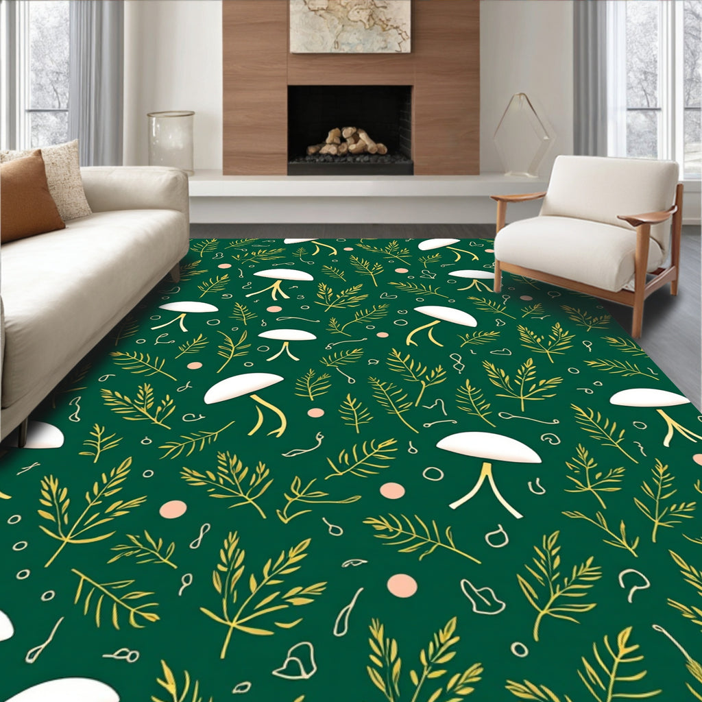 Whimsical Fern And Mushroom Pattern Rug