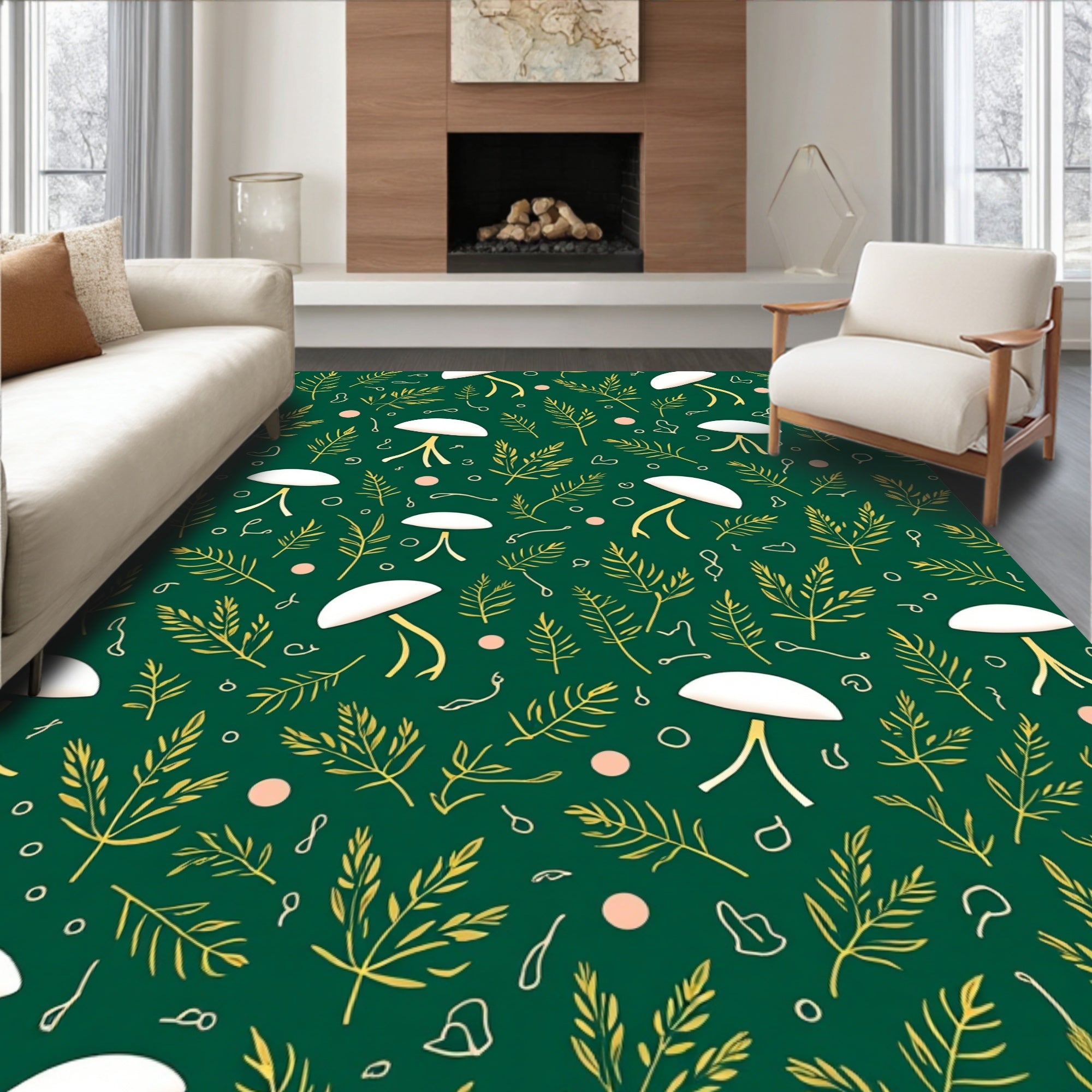 Whimsical Fern And Mushroom Pattern Rug