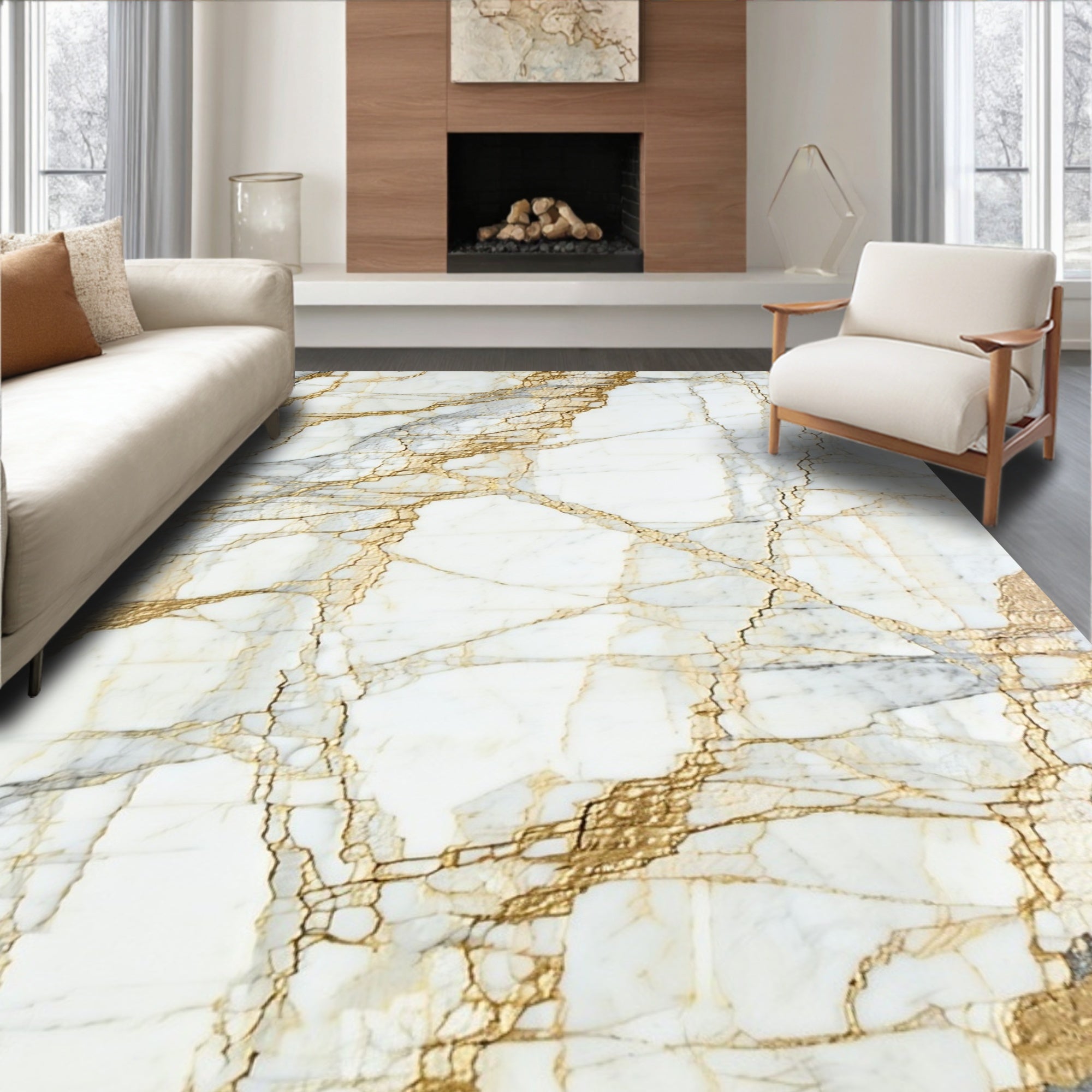 Abstract White Gold Veined Texture Rug