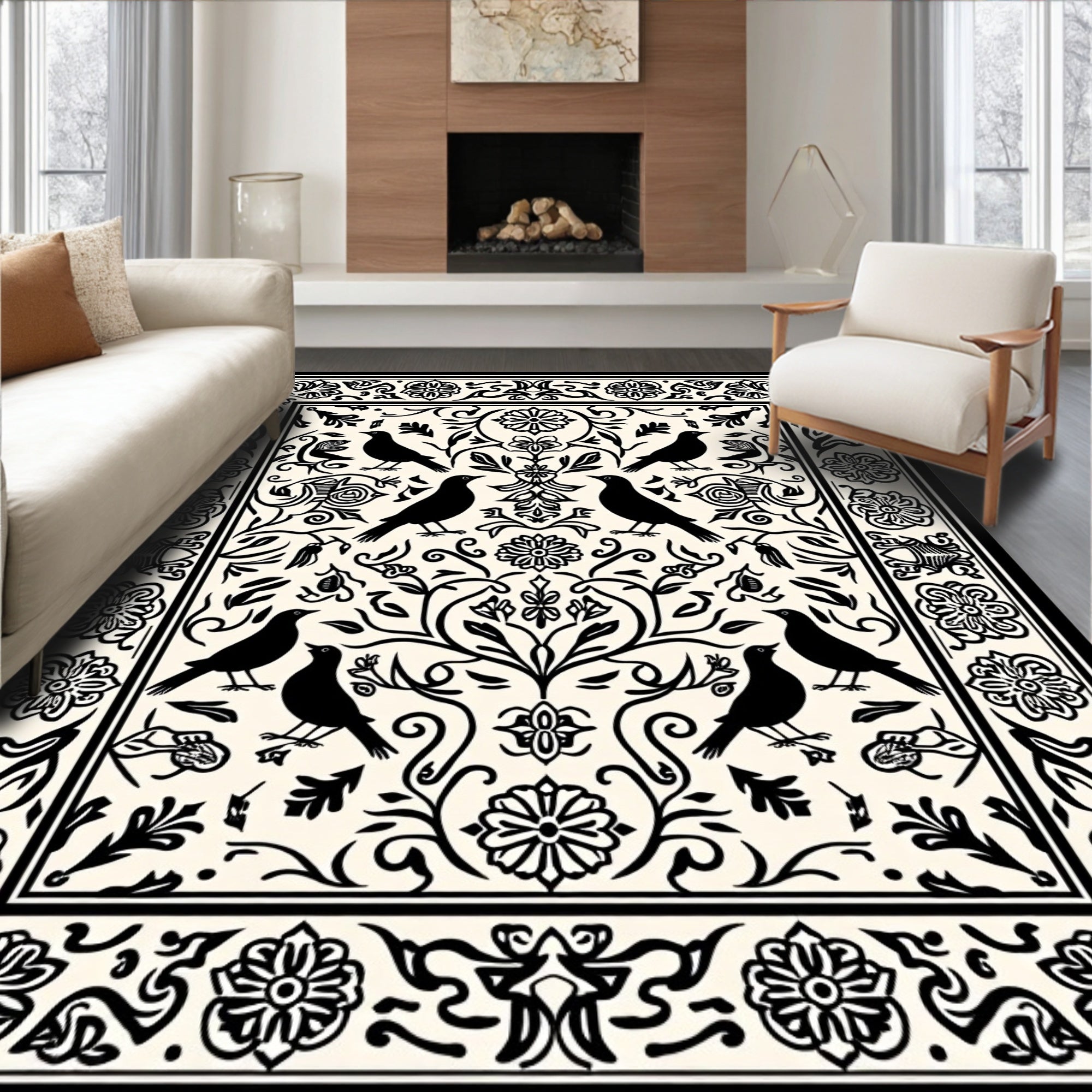 Birds And Floral Scrollwork Design Rug