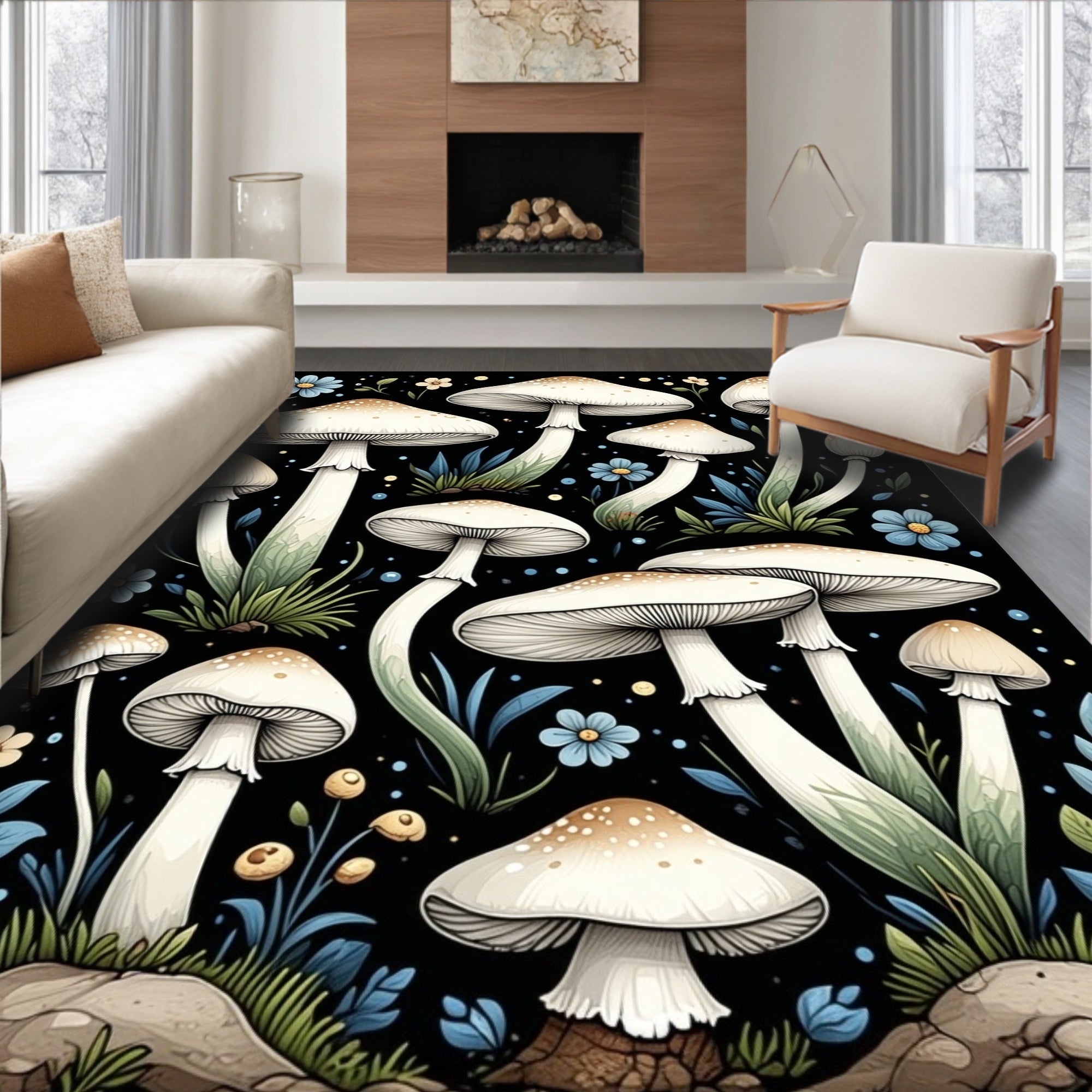 Whimsical Mushroom Garden Floral Rug