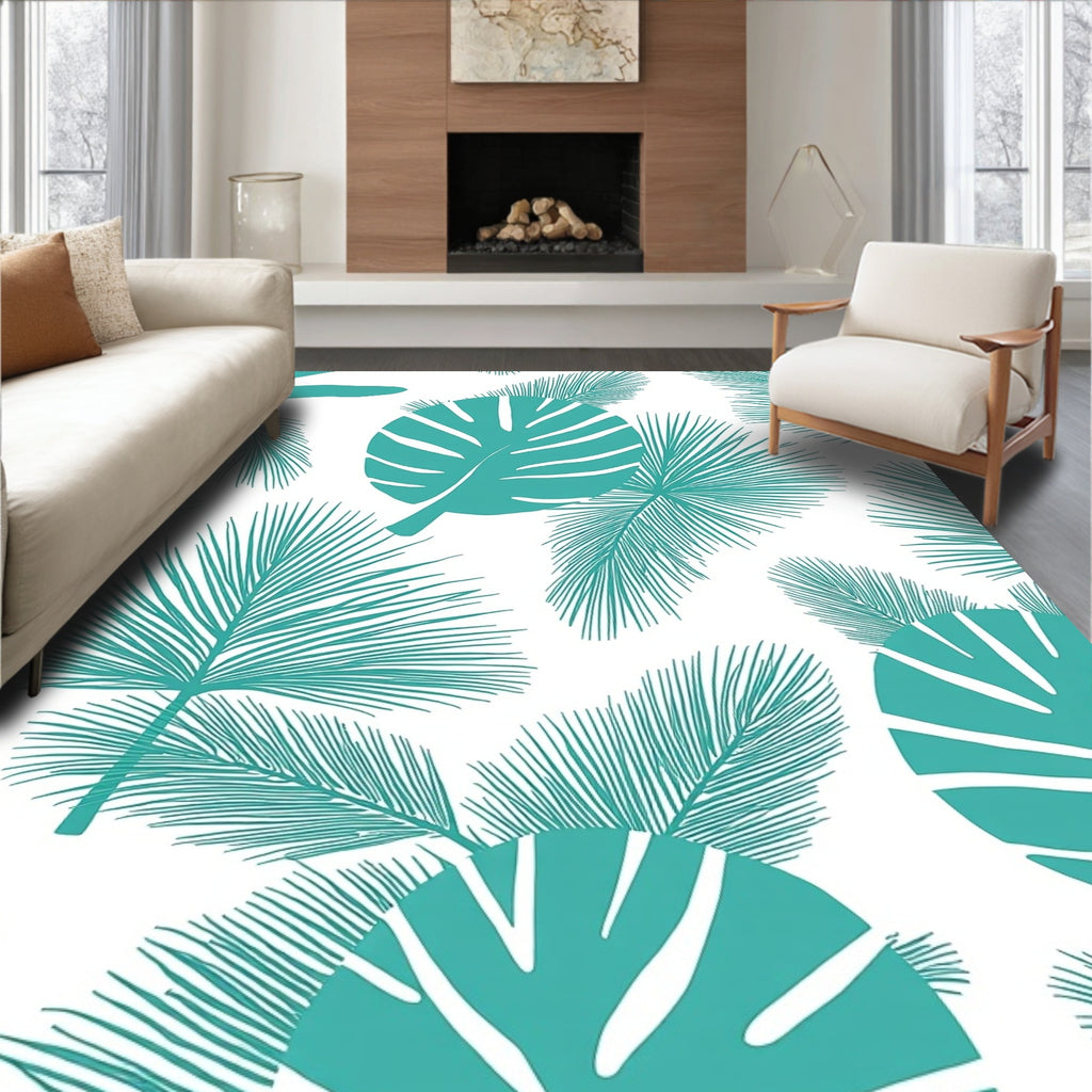 Teal Tropical Leaves Pattern Rug