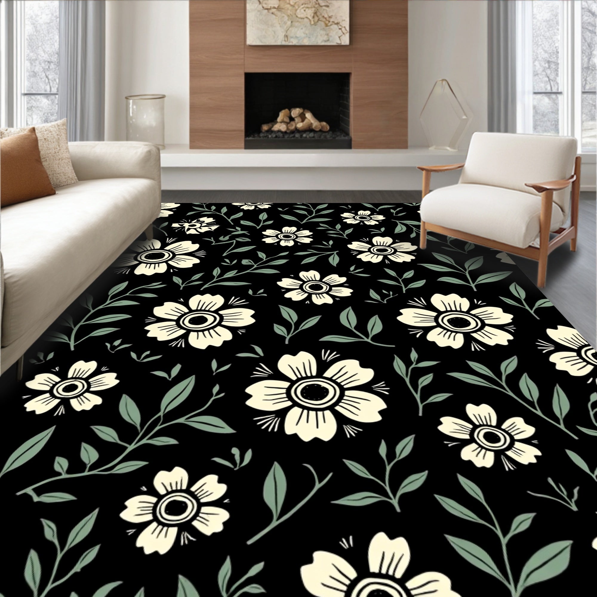 Cream Floral Vine Pattern Rug