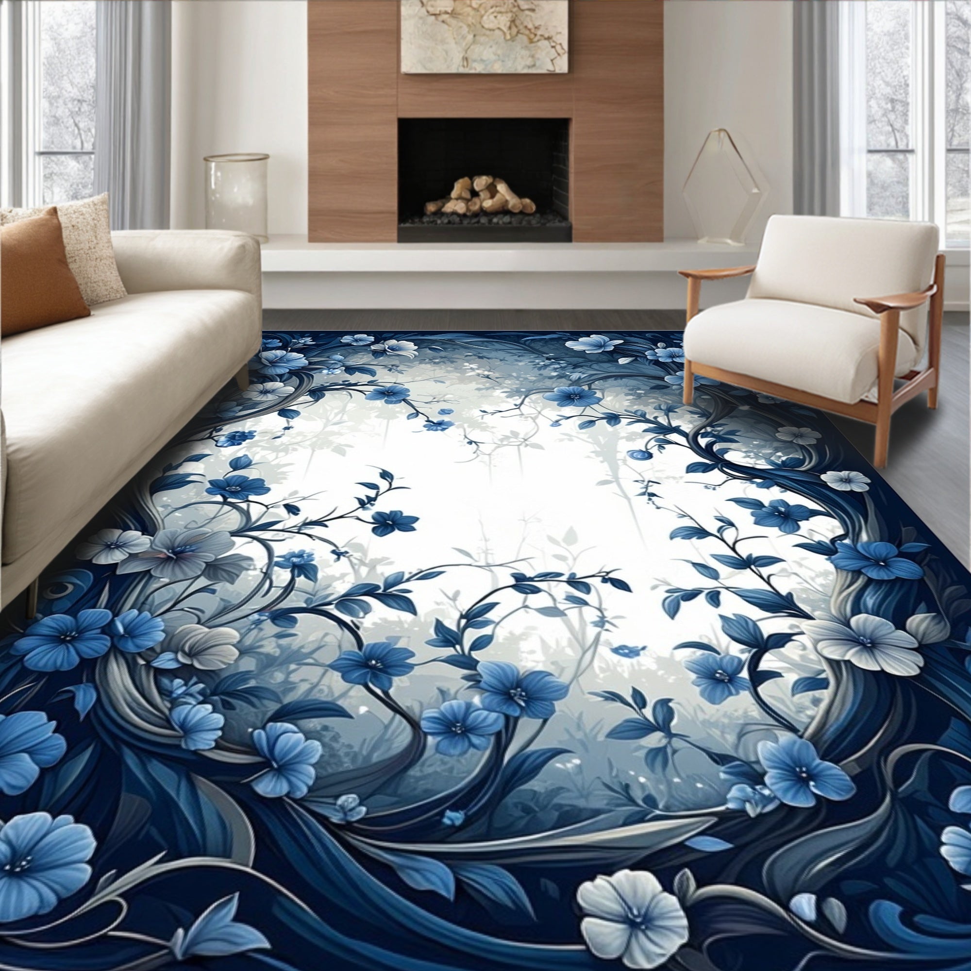 Dark Blue Floral Vine Garden Design Rug