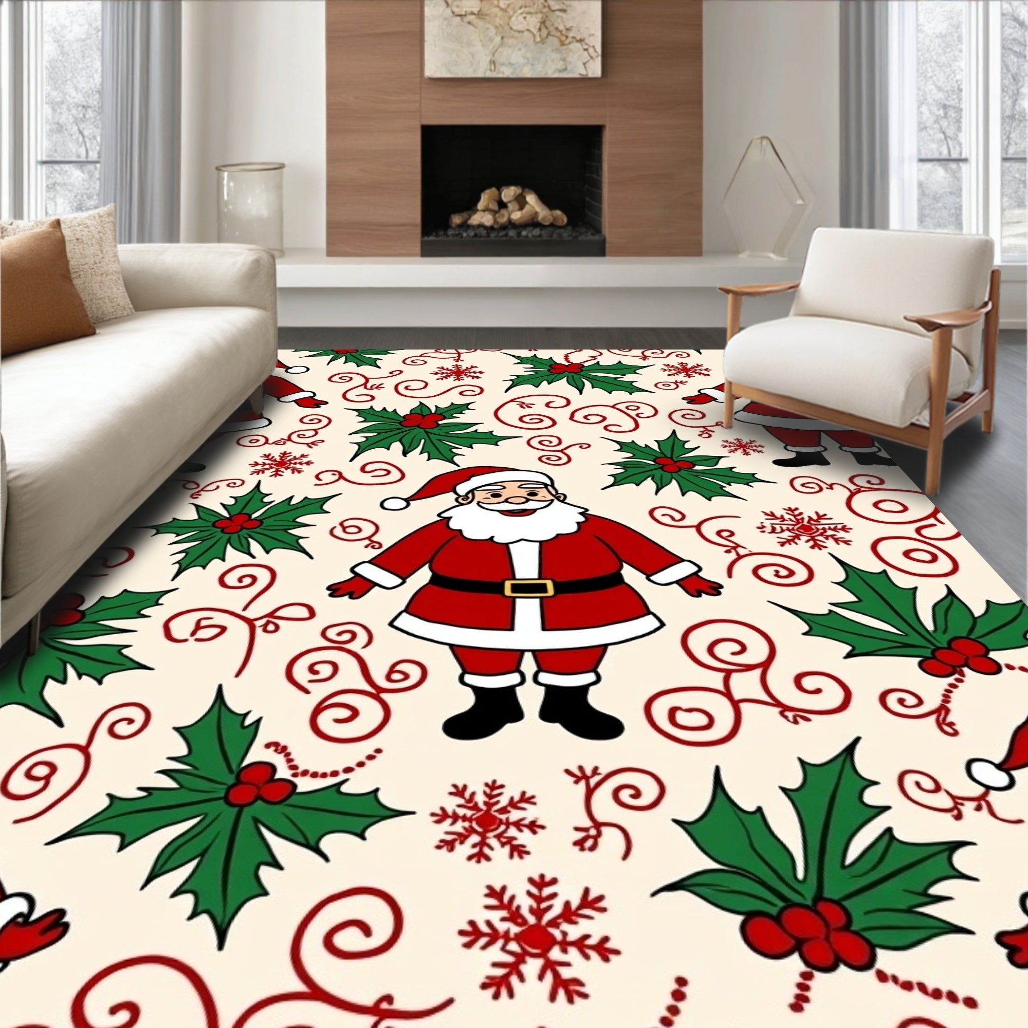 Festive Santa Holly Pattern Rug