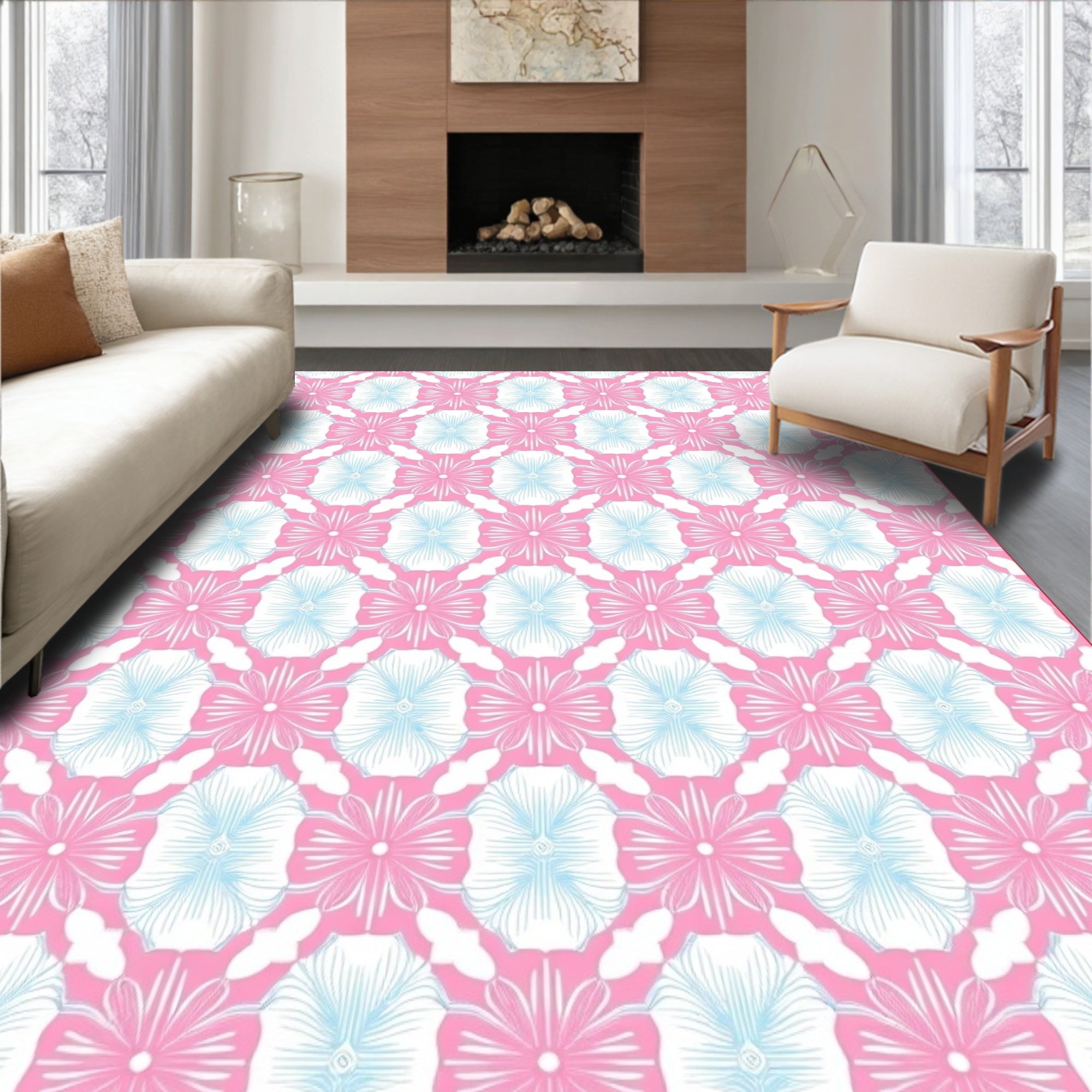 Pink Blue Floral Geometric Pattern Rug