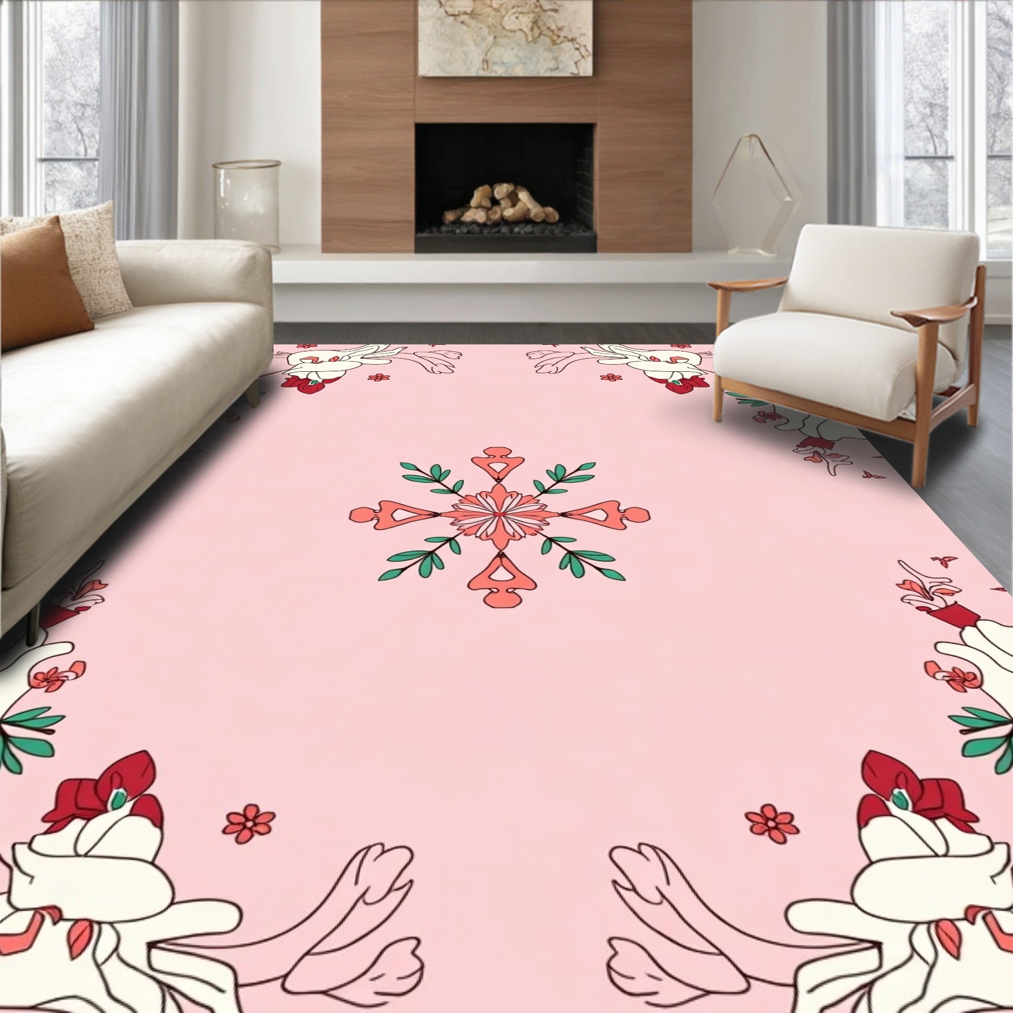 Coral Cream Floral Frame Rug