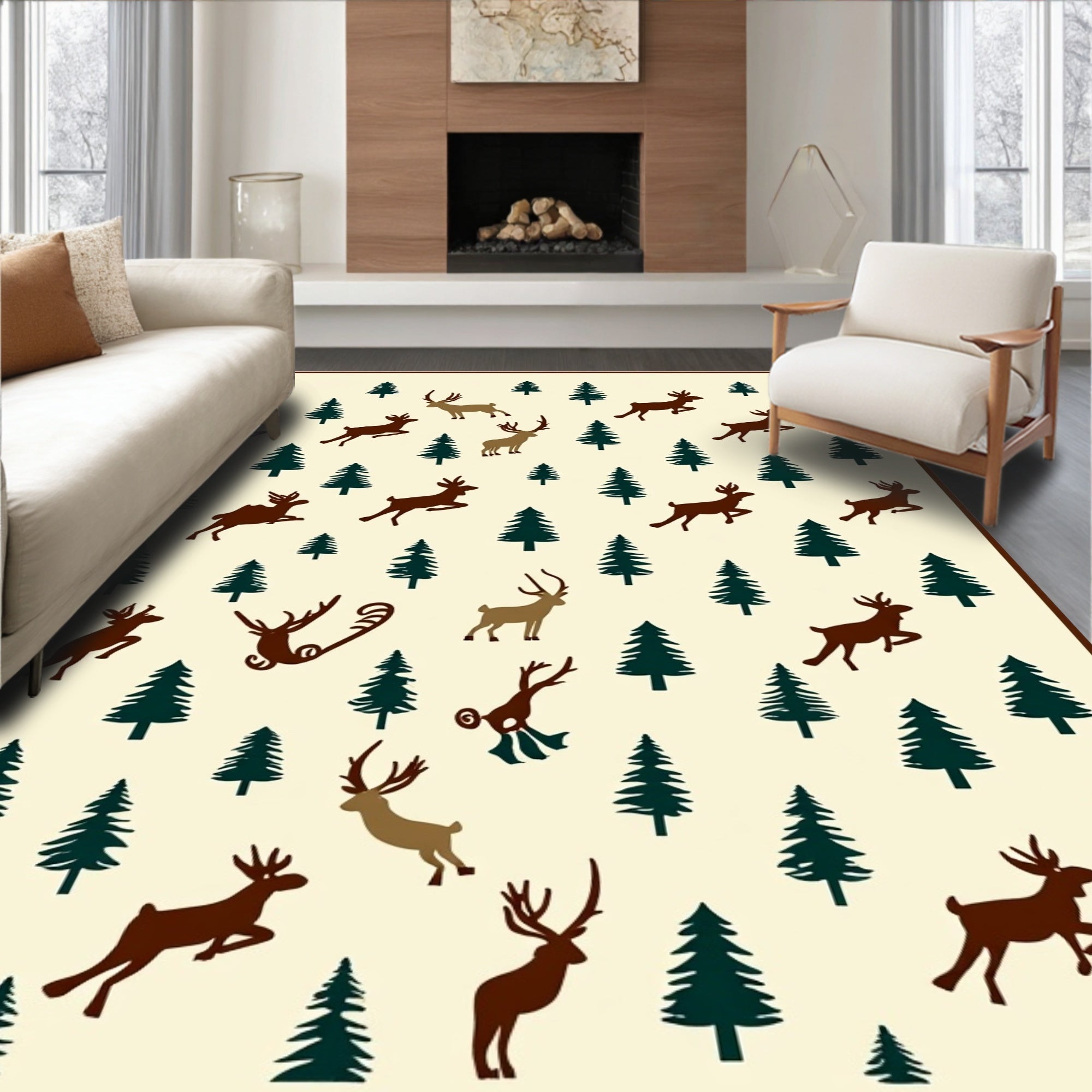 Christmas Reindeer Pine Tree Pattern Rug