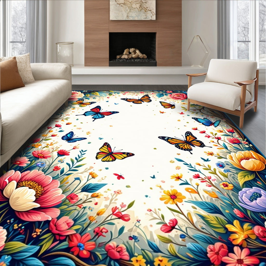 Vibrant Floral Butterfly Garden Scene Rug