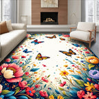 Vibrant Floral Butterfly Garden Scene Rug