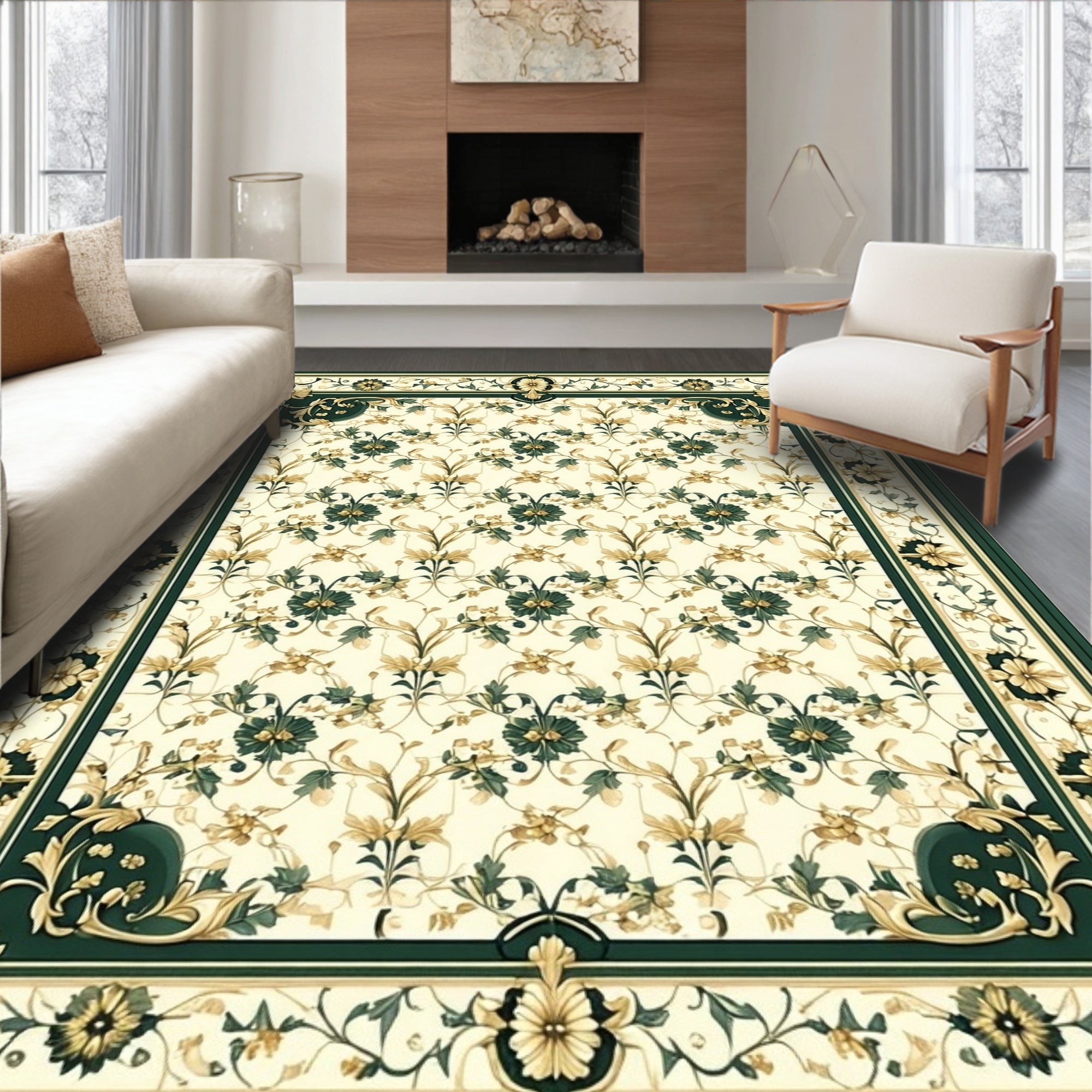 Green Gold Floral Vine Pattern Rug