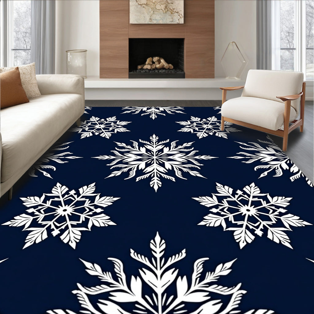 White Snowflake Navy Blue Background Rug