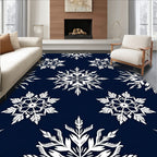 White Snowflake Navy Blue Background Rug