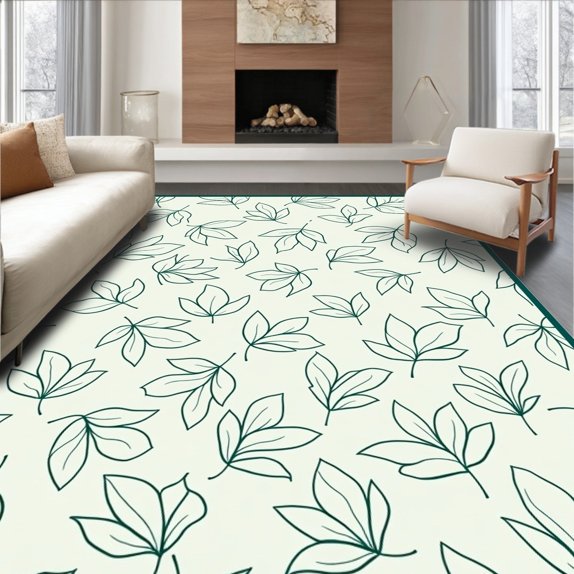 Natural Leaf Pattern Bordered Design Rug
