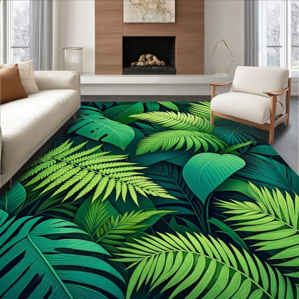Tropical Green Leaf Pattern Rug