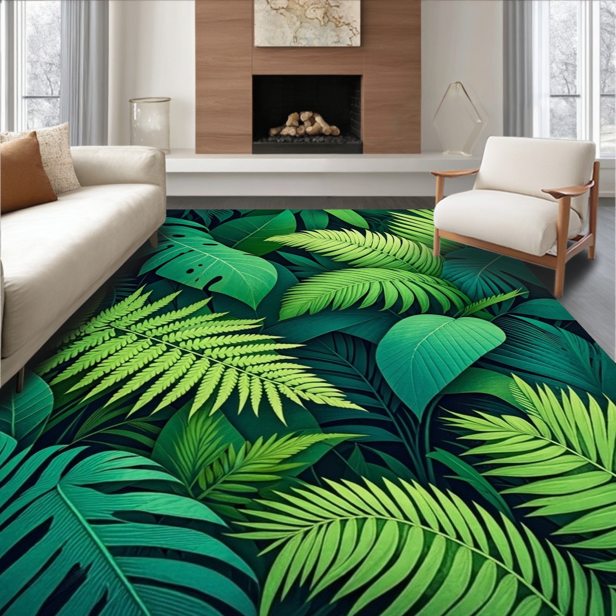 Tropical Green Leaf Pattern Rug