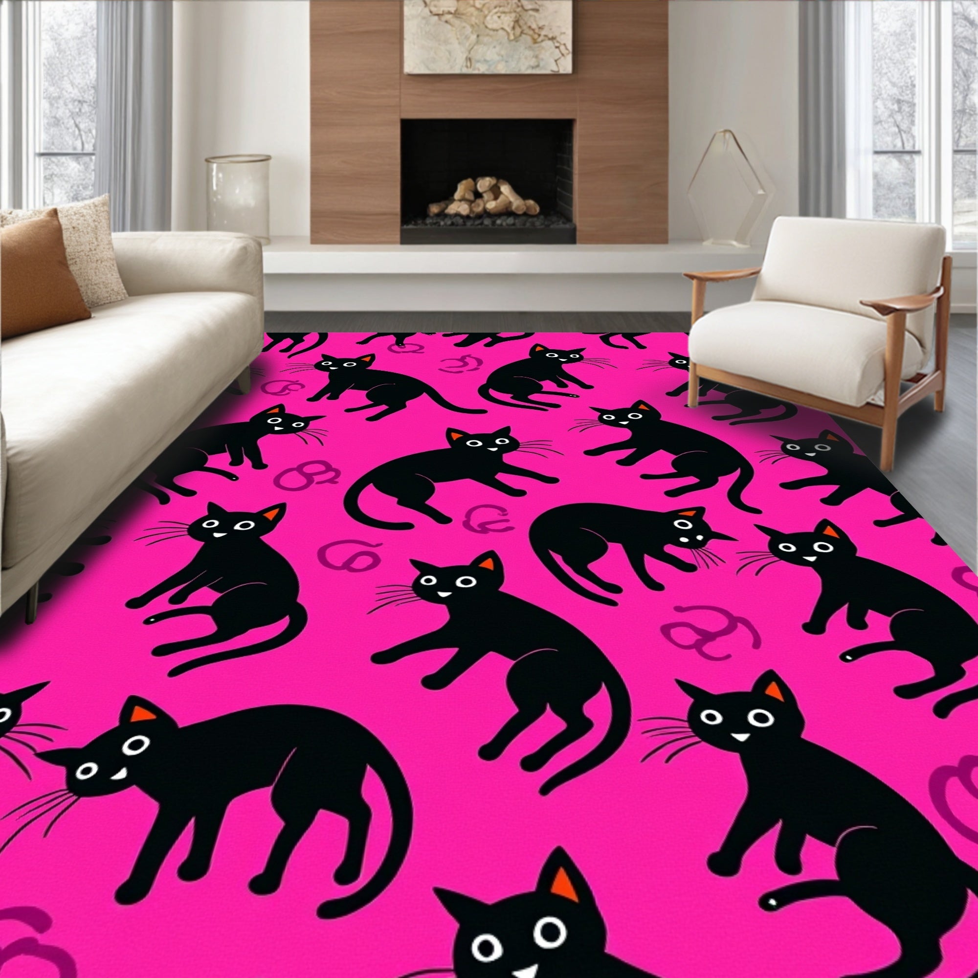 Cute Black Cats Whimsical Pattern Rug