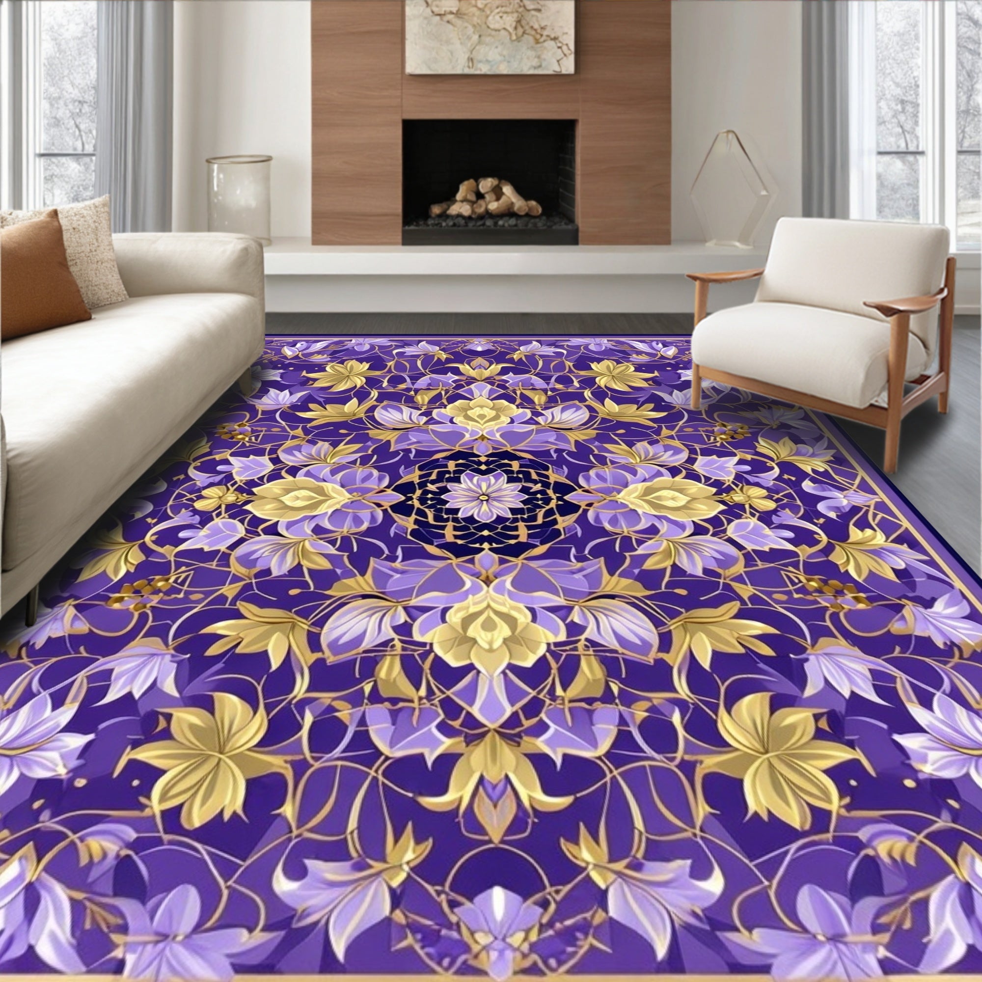 Ornate Floral Violet Gold Pattern Rug
