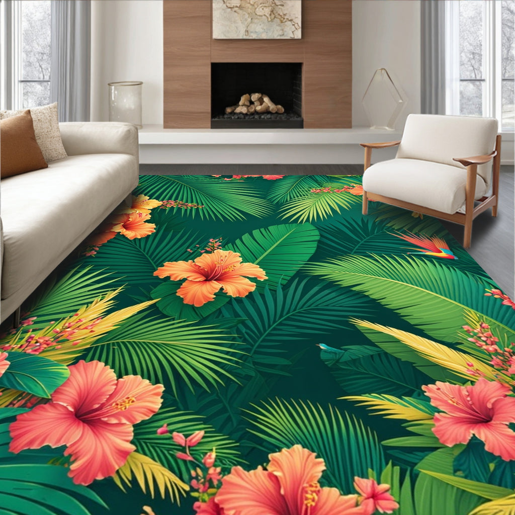 Tropical Hibiscus and Palm Leaf Design Rug