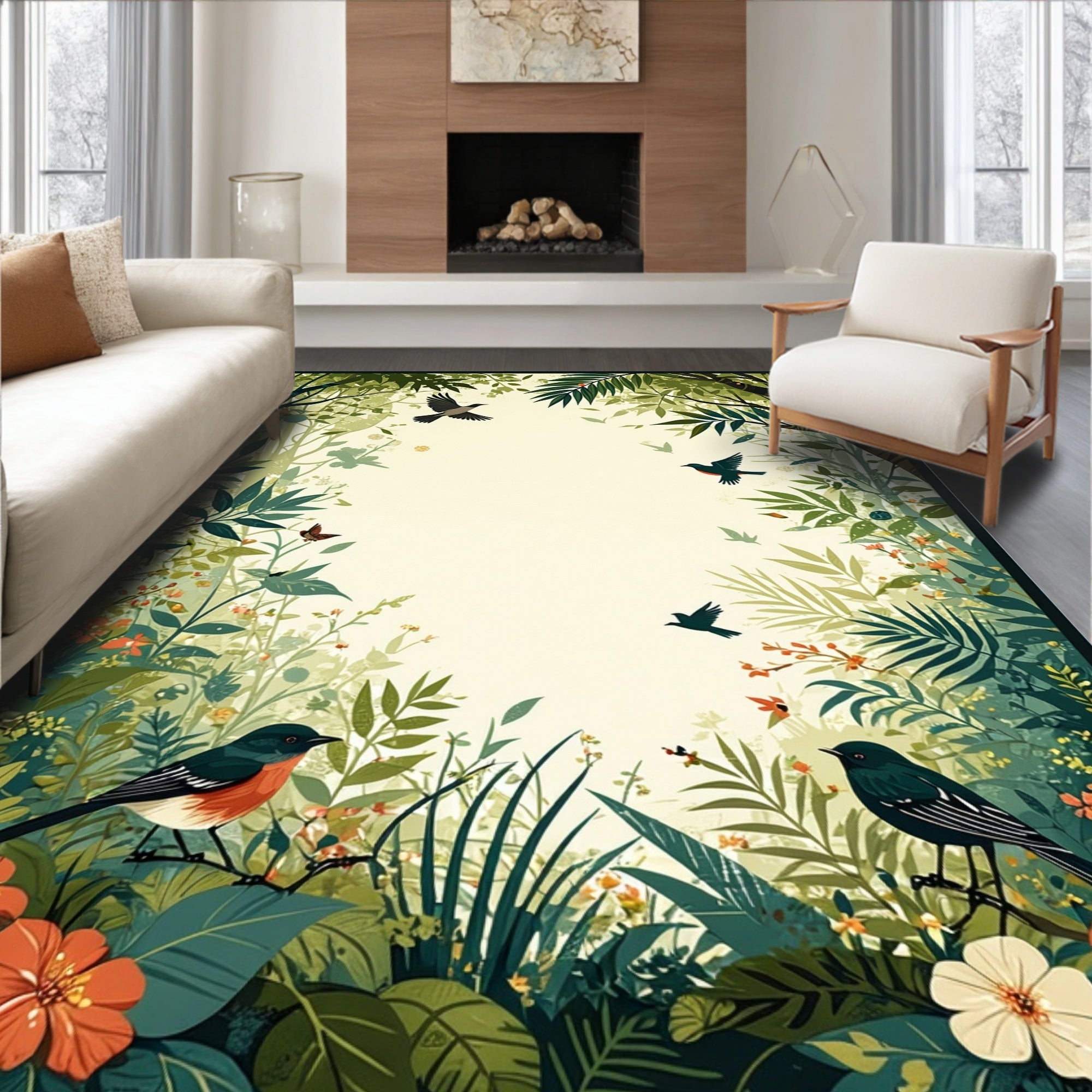 Lush Woodland Birds Floral Scenes Rug
