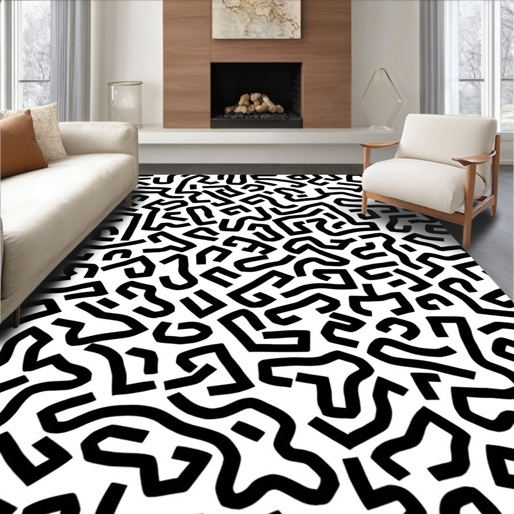 Abstract Black White Maze Pattern Rug