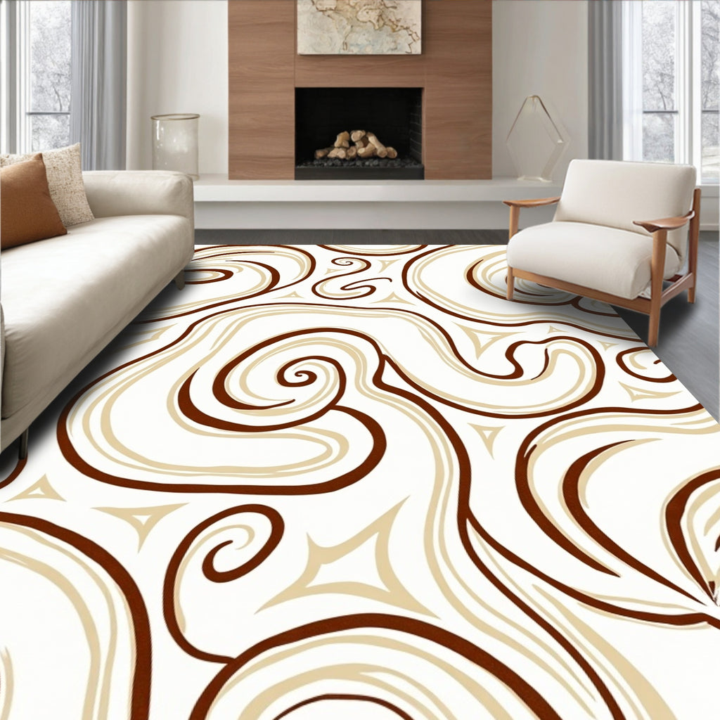Cream Brown Swirl Curvy Abstract Rug