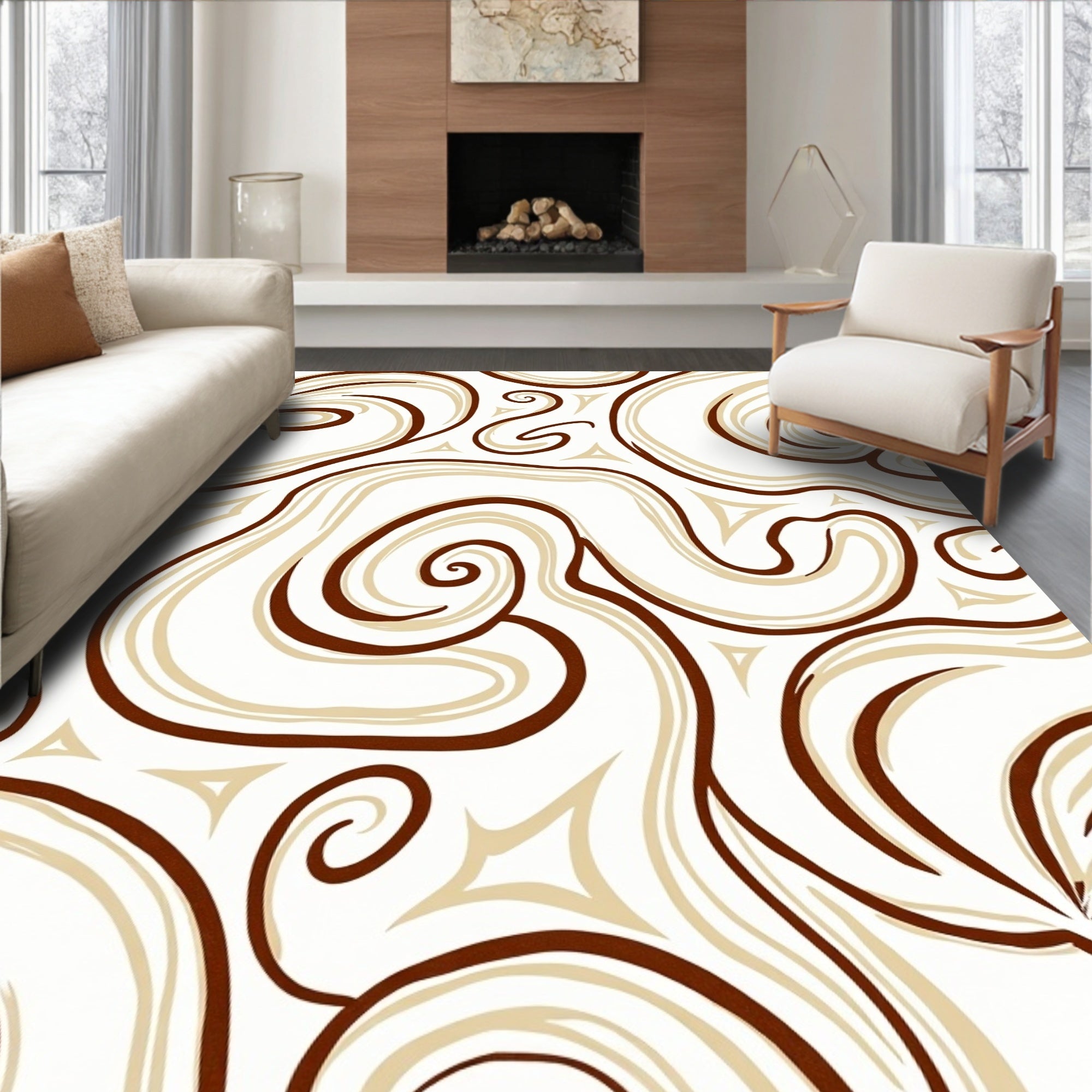 Cream Brown Swirl Curvy Abstract Rug