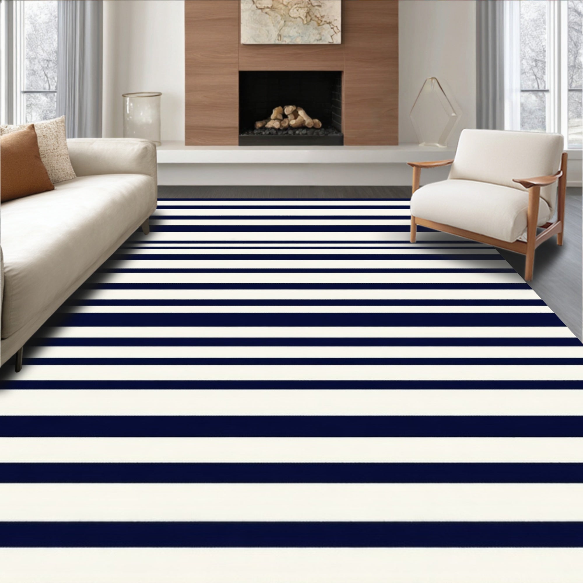 Classic Navy Cream Striped Pattern Rug