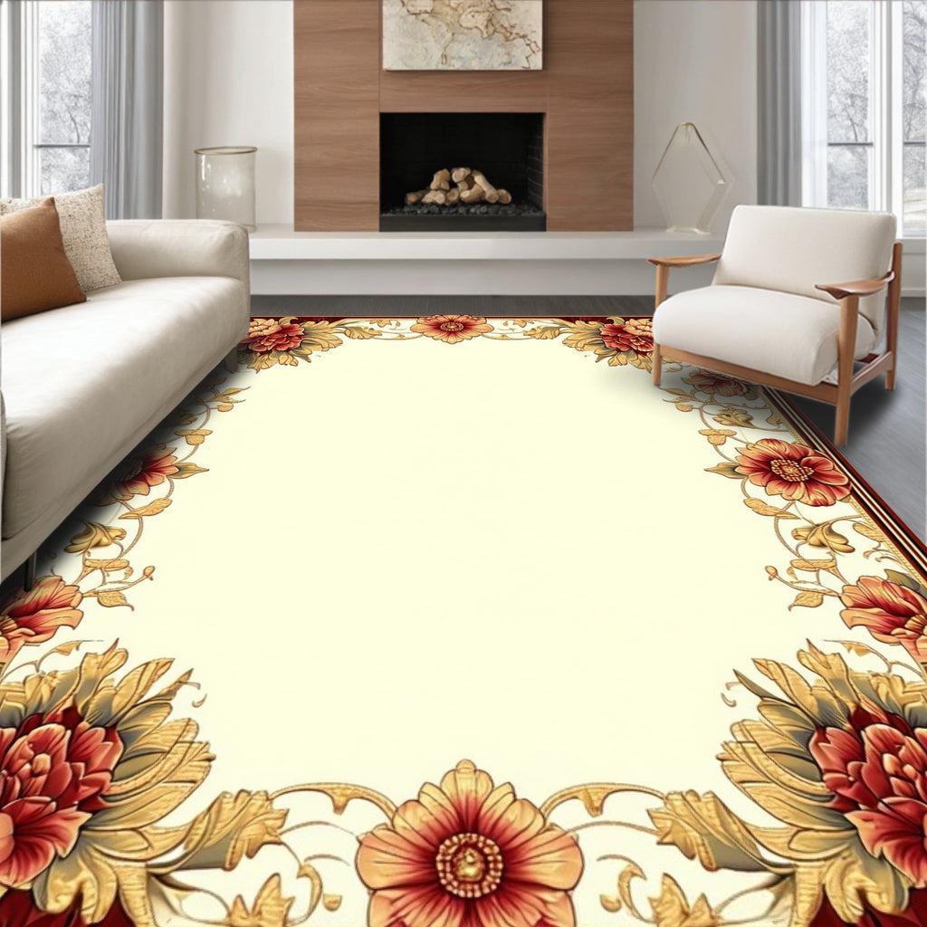 Ornate Red Gold Floral Border Rug