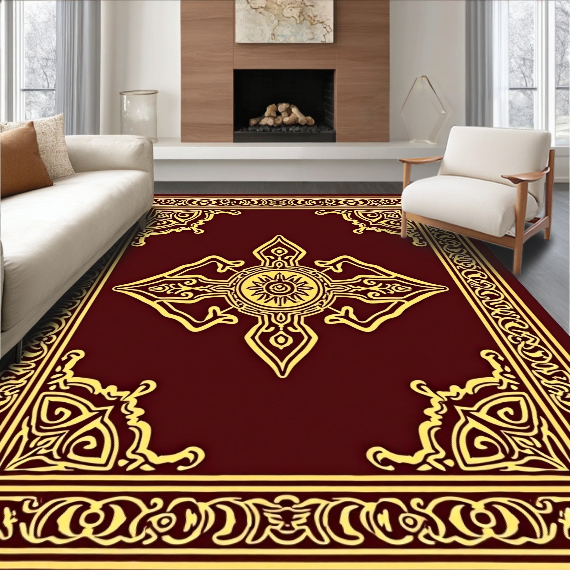 Ornate Red and Gold Emblem Rug