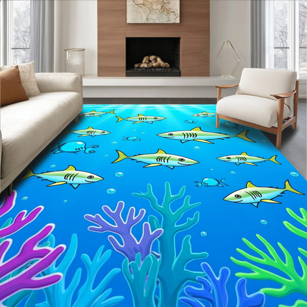 Playful Shark School Underwater Scene Rug