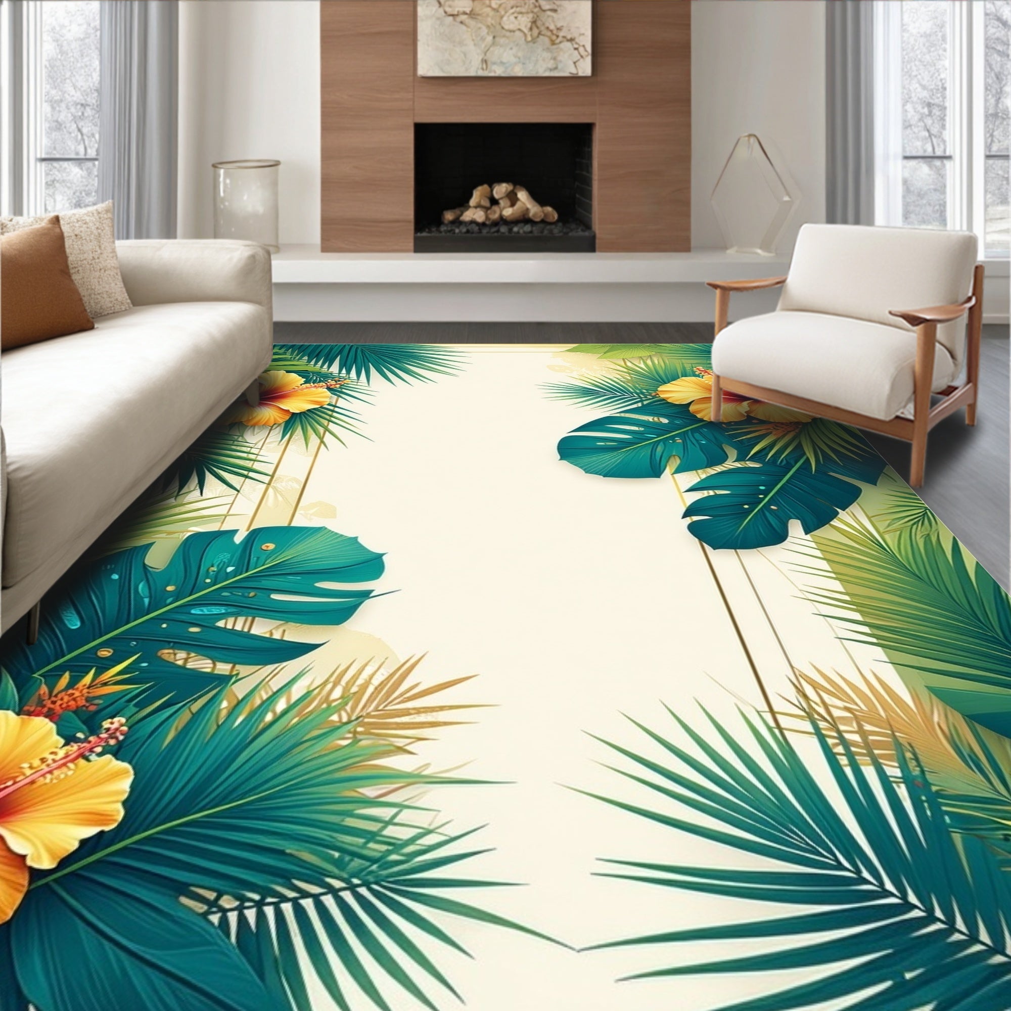 Vibrant Tropical Hibiscus Palm Frond Design Rug
