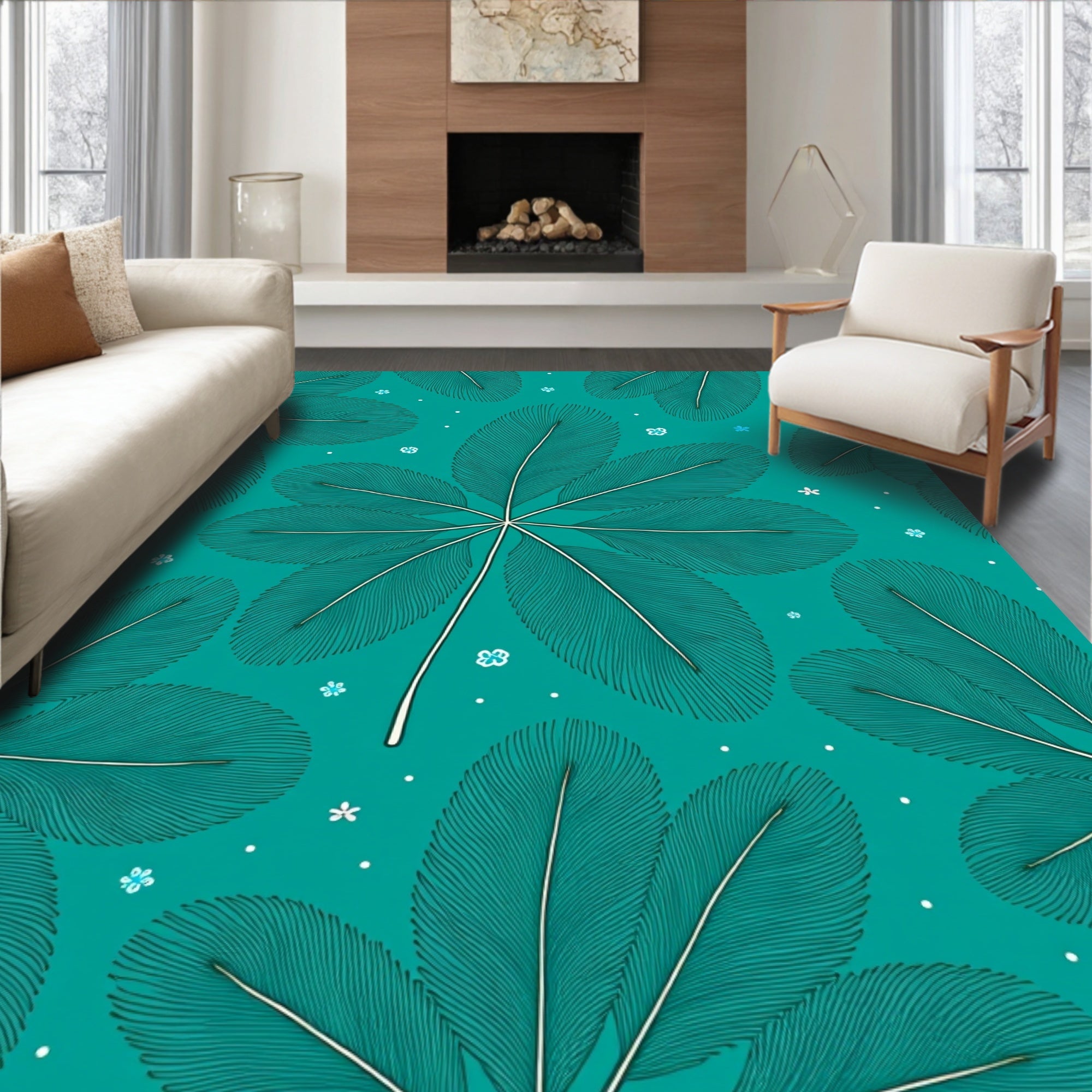 Teal Featherleaf Patterned Graphic Rug