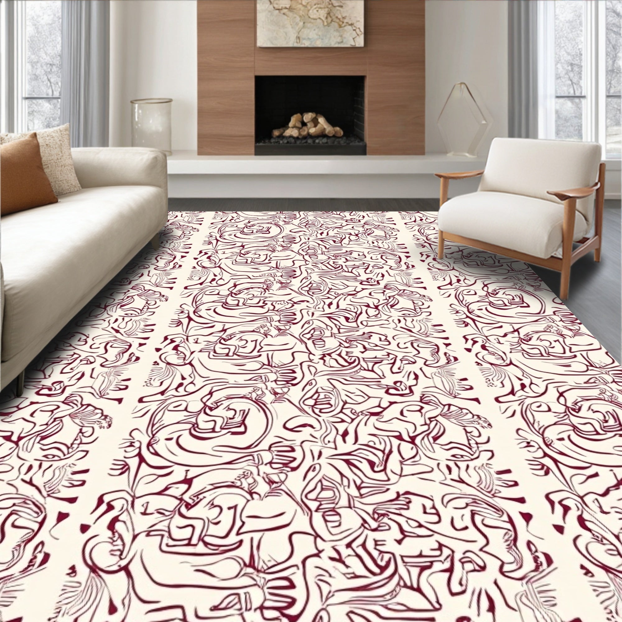 Abstract Figures Burgundy Cream Pattern Rug