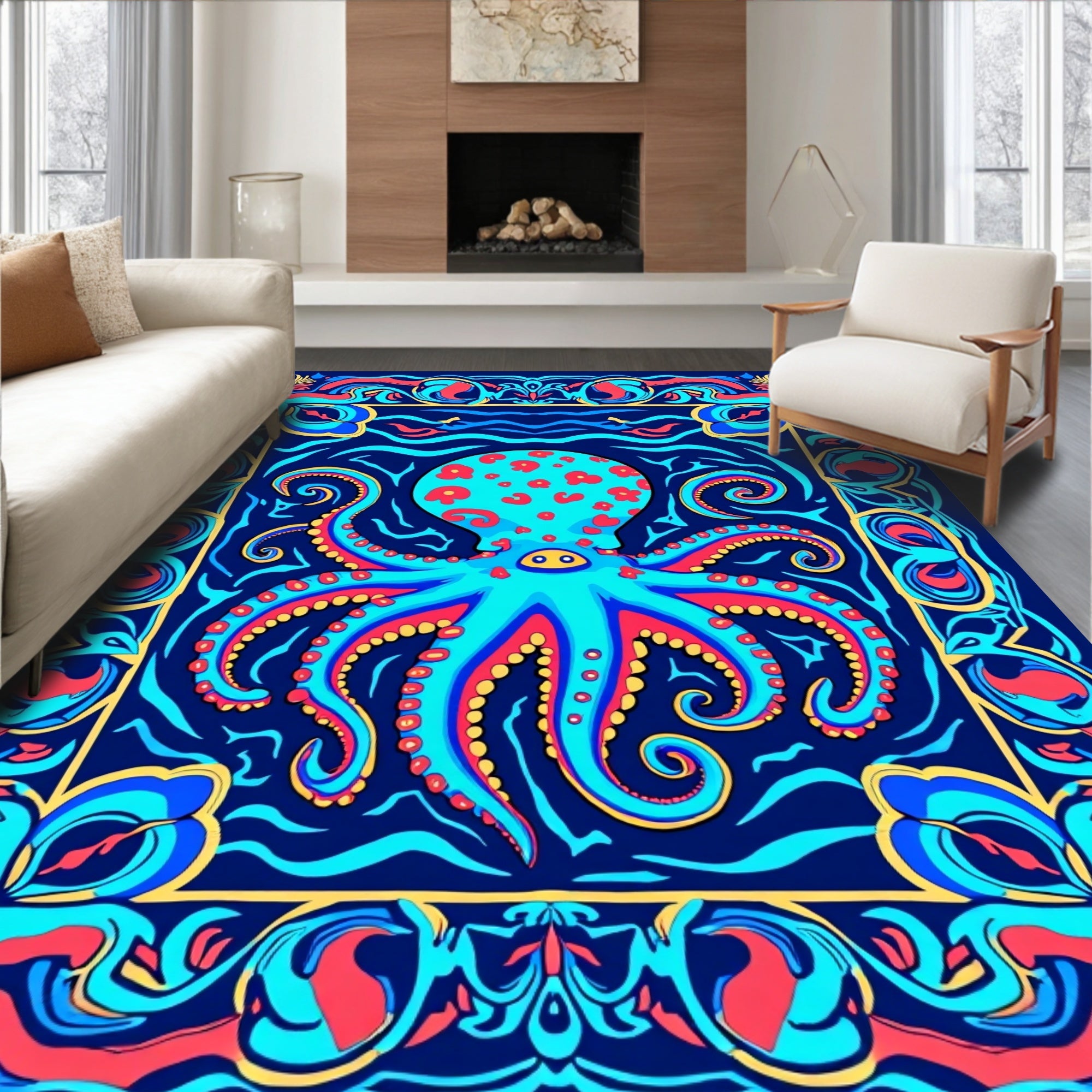 Ornate Octopus Vivid Floral Border Design Rug