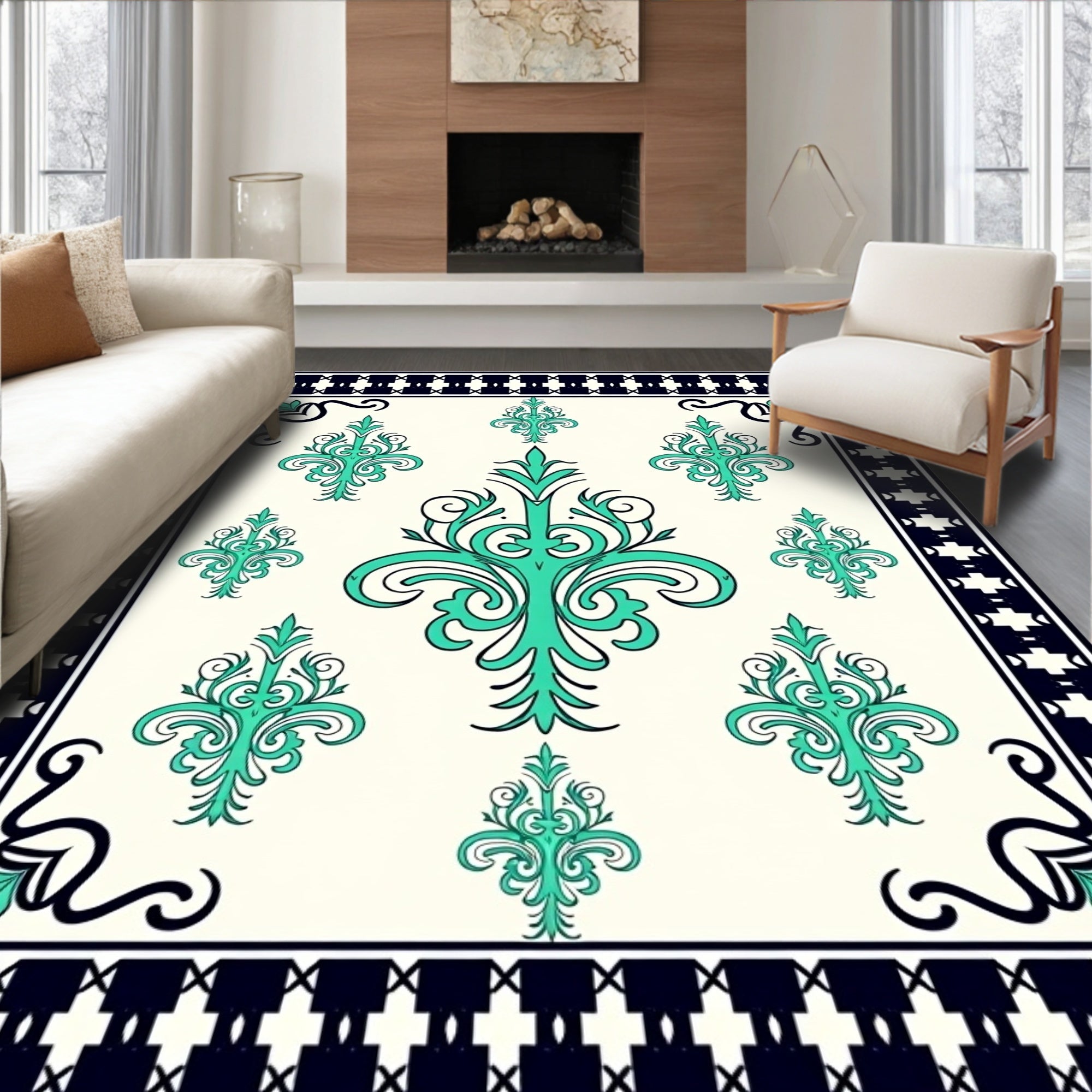 Aqua Filigree Scrollwork With Black Border Rug