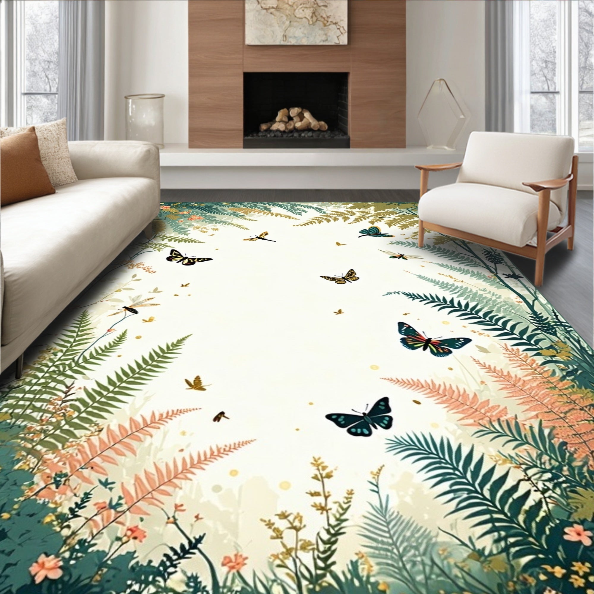 Whimsical Butterflies Fern Forest Design Rug