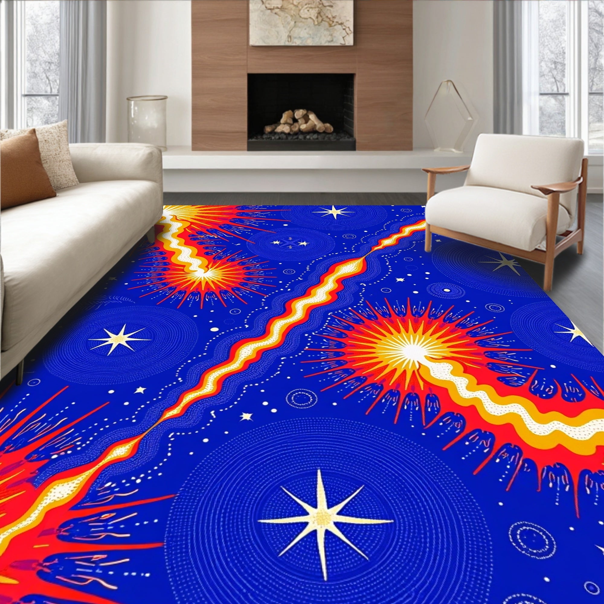 Cosmic Blue Fiery Starburst Swirl Rug