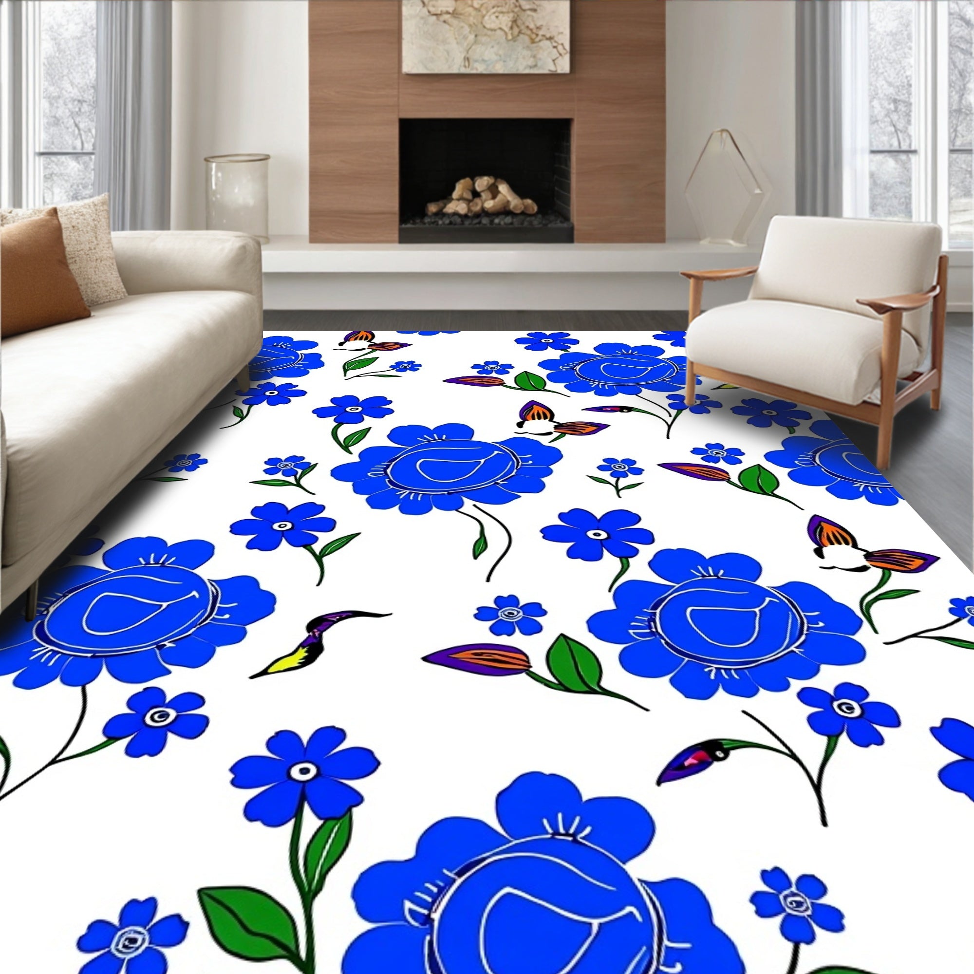 Vibrant Blue Floral Garden Pattern Rug