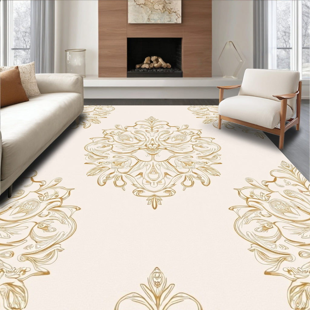 Ornate Swirls Gold Damask Pattern Rug