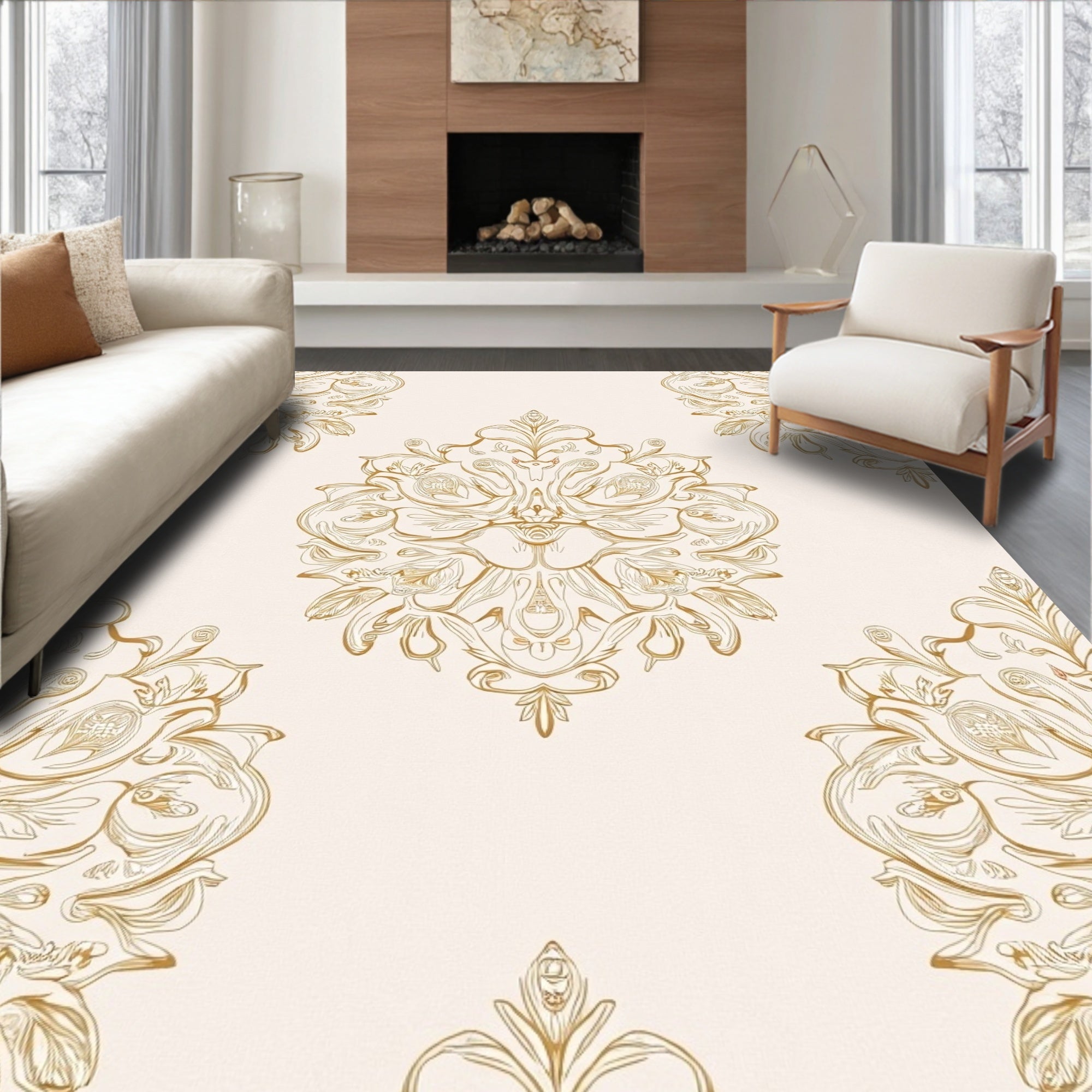 Ornate Swirls Gold Damask Pattern Rug