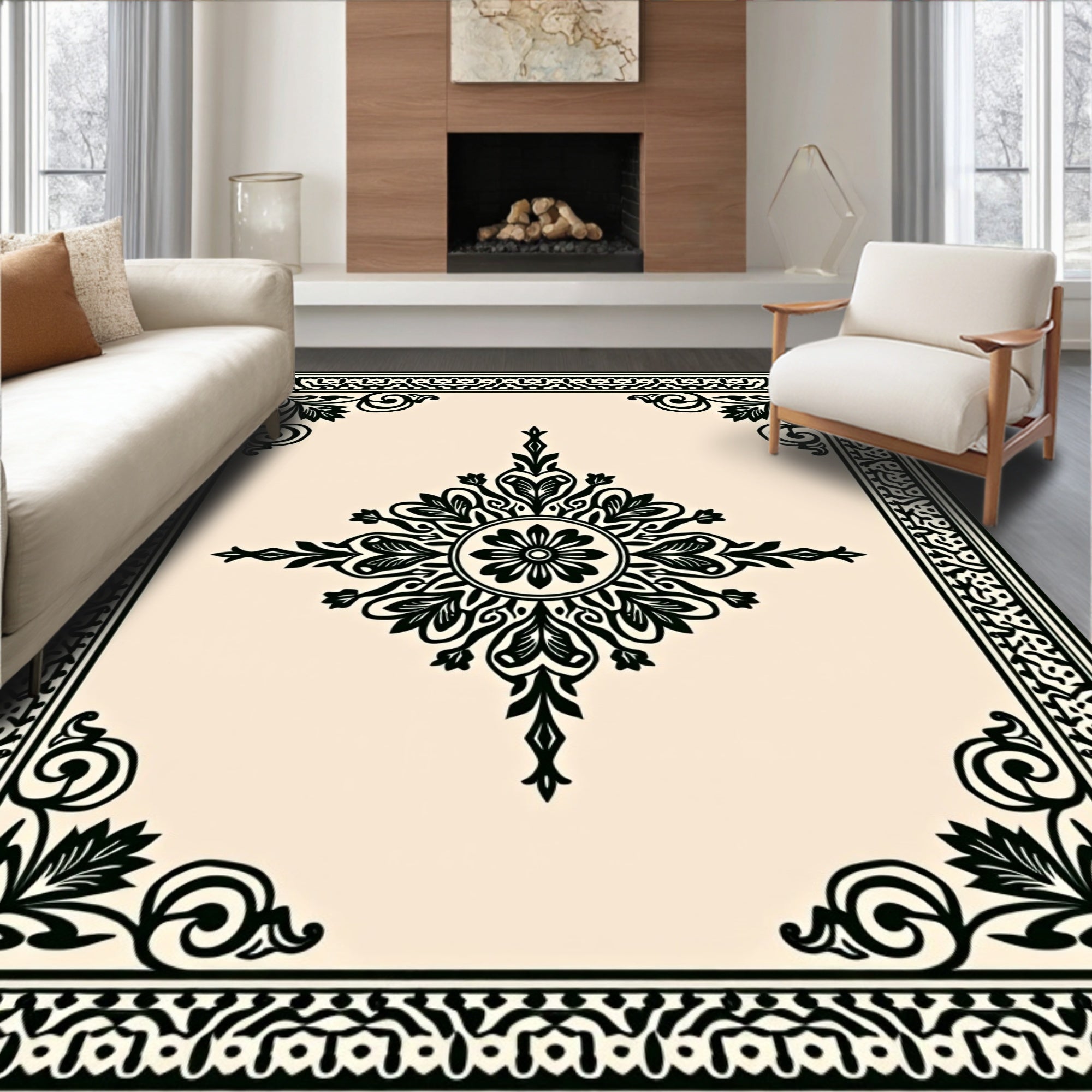 Ornate Floral Medallion Border Rug